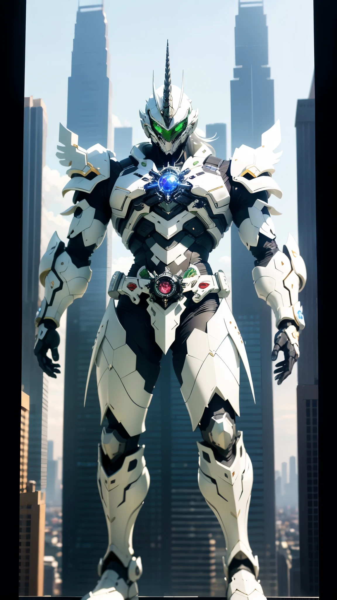 A man wearing a full-face helmet, a fantasy-style biotech armored combat suit, green eyes, (a composite layered chest armor), fully enclosed shoulder guards, matching arm and leg guards, the belt is adorned with Horseshoe-shaped marker, (the color scheme is primarily white with green accents), the design balances heavy with agility, a high-tech bio-mecha armor, (Armor Concept Inspired by Unicorn, stand on the top of a skyscraper in a futuristic sci-fi city), this character embodies a finely crafted fantasy-surreal style armored hero in anime style, exquisite and mature manga art style, (battle damage, element, plasma, energy, the armor glows), ((male:1.5)), metallic, real texture material, dramatic, high definition, best quality, highres, ultra-detailed, ultra-fine painting, extremely delicate, professional, perfect body proportions, golden ratio, anatomically correct, symmetrical face, extremely detailed eyes and face, high quality eyes, creativity, RAW photo, UHD, 32k, Natural light, cinematic lighting, masterpiece-anatomy-perfect, masterpiece:1.5