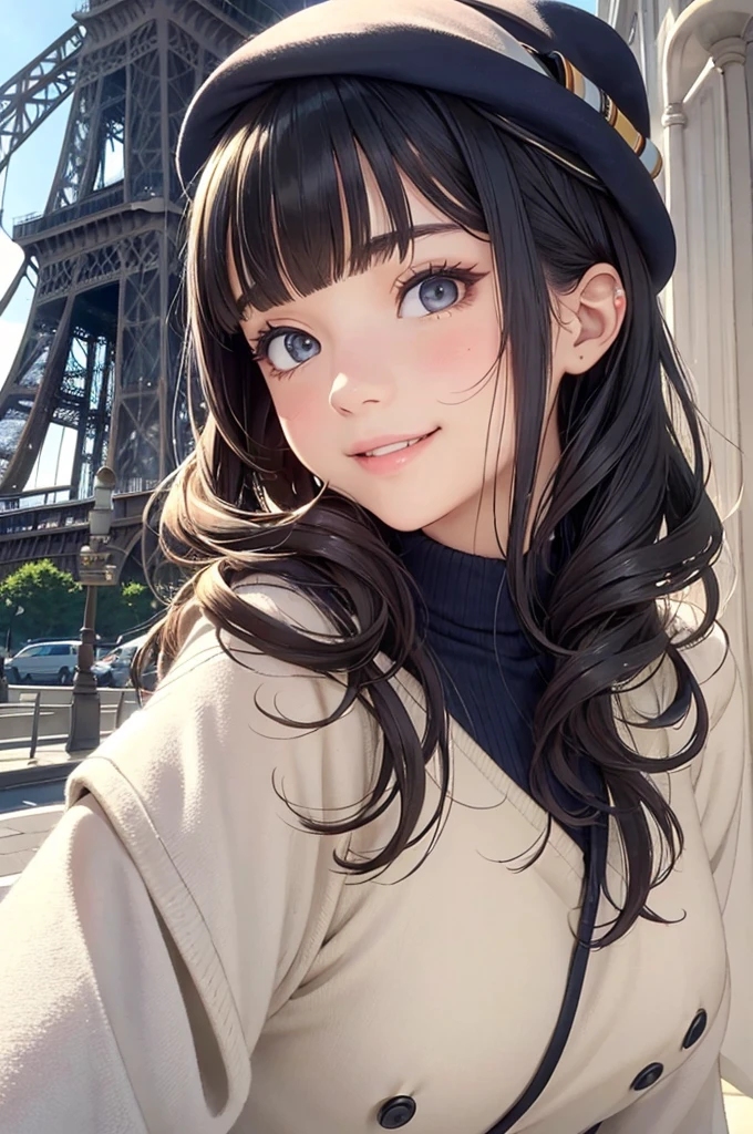 (masterpiece, best quality:1.1),popart style,flat color,({Mia},1girl,japanese,tween,beautiful detailed face,(navy hair-color),((wavy-short hair)),parallel eyebrows,navy eyes with large brown irises,blunt bangs,small nose, fresh lips,small breasts,(5feet tall)), enjoy trip,(Eiffel Tower),France, beautiful detailed scenery,very happy,smile,BREAK Cropped cashmere turtleneck,twill trousers,upcycled wool beret,dynamic angle,photographic portrait, sharp,