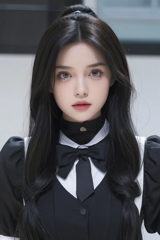 A cute girl, full body, masterpiece, highest quality, 8k ultra, beautiful lips, very detailed face and skin texture, very detailed eyes texture, same size eyes,  super fine face, a cosplayer girl, cosplay as Wednesday Addams (Netflix ), hairstyle as Wednesday Addams at Rave'n, Wednesday Addams dance costume, 