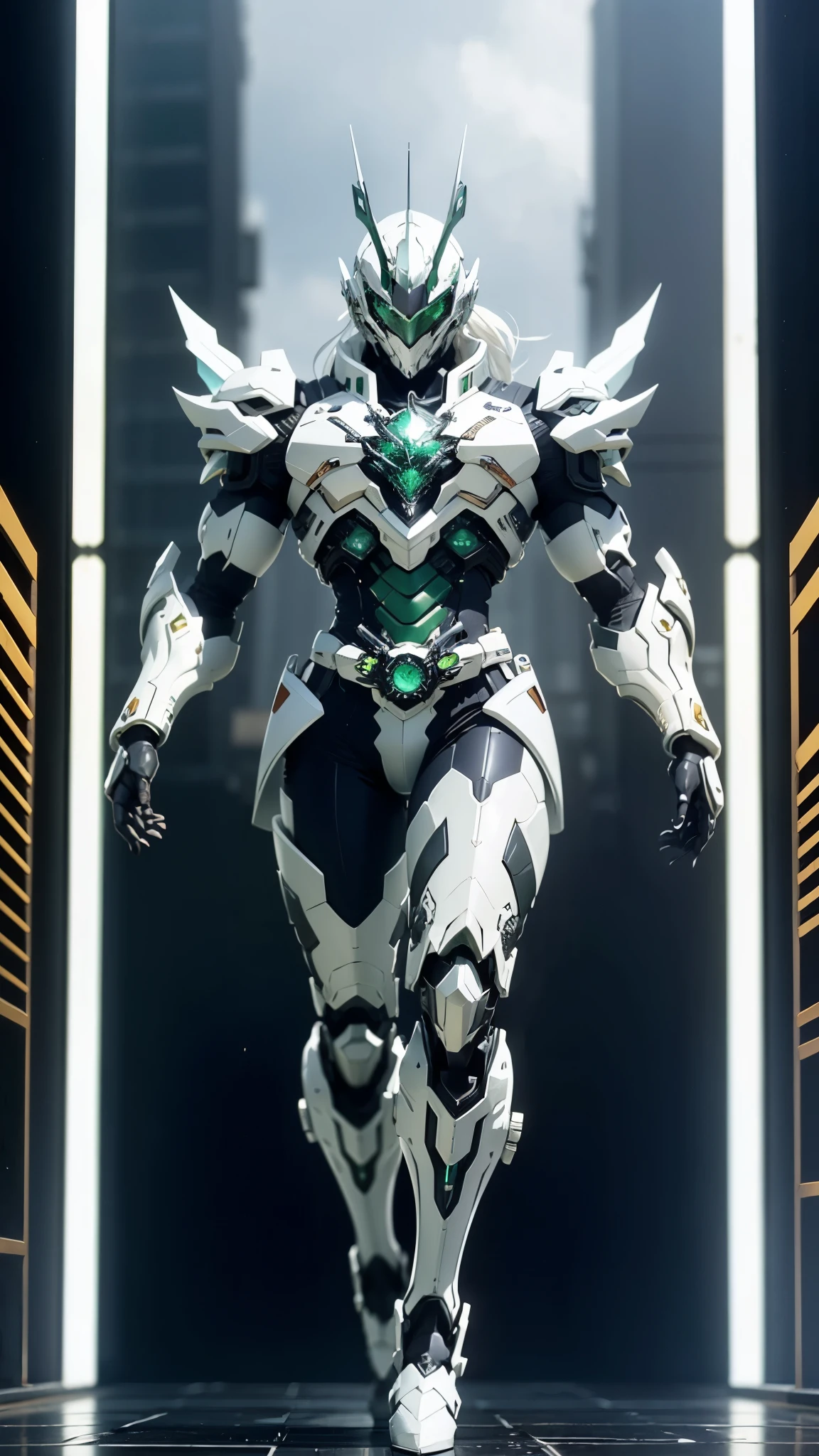 A man wearing a full-face helmet, a fantasy-style biotech armored combat suit, green eyes, (a composite layered chest armor), fully enclosed shoulder guards, matching arm and leg guards, the belt is adorned with Horseshoe-shaped marker, (the color scheme is primarily white with green accents), the design balances heavy with agility, a high-tech bio-mecha armor, (Armor Concept Inspired by Unicorn, stand on the top of a skyscraper in a futuristic sci-fi city), this character embodies a finely crafted fantasy-surreal style armored hero in anime style, exquisite and mature manga art style, (battle damage, element, plasma, energy, the armor glows), ((male:1.5)), metallic, real texture material, dramatic, high definition, best quality, highres, ultra-detailed, ultra-fine painting, extremely delicate, professional, perfect body proportions, golden ratio, anatomically correct, symmetrical face, extremely detailed eyes and face, high quality eyes, creativity, RAW photo, UHD, 32k, Natural light, cinematic lighting, masterpiece-anatomy-perfect, masterpiece:1.5