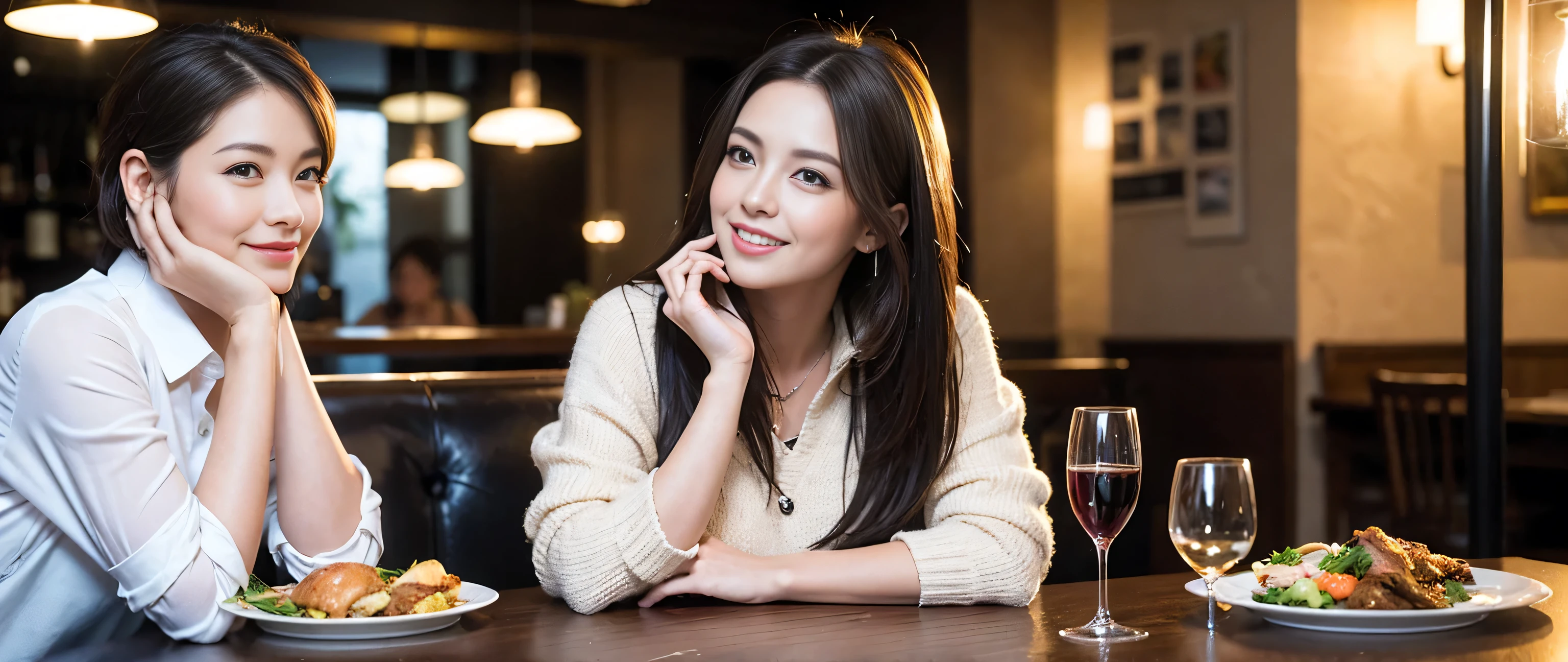 ((highest quality、8k、masterpiece:1.3))、1 male 1 female、Couple、lover、Couple、Slim body、((Bob Hale、Straight hair:1.2))、(Realistic, Intricate details:1.2), Wine glass on the table、Put the light on your face、 Amazing view of the sunset sky and clouds、Amazing mountain views、A bright smile、A lovely woman with a smile、Bright image、2. The beauty of wine, Beautiful Face, blue eyes, The light shines on your face, Blushing, short hair,Bright Face、Fox face、 (40 years old), 39 years old, Lady、red wine 、Appetizers、Italian food、Wine bottle、Champagne、sparkling wine、Two beauties、Brown Hair、Shortcuts、Long sleeve shirt、dress、Pretty Woman 1, (Slim face), (The body is slim), (Brown Hair), (Shortcuts), cheeks turn a little red,Attractive beauty、, Out of the window, A beautiful and detailed night view unfolds.........., restaurant, In a prominent place (From the waist up) Nova Frog Style, actress, model, Upper Body, White wine, slim, wine glass, A wine glass placed in the middle, smile, (smile: 1.15), Beautiful fine grain, Depth f/2,saturation, High Contrast, Strong light and shadow,Moist Body:1.5、3D texture、Delicate eyes、Brown Hair、The hair is very shiny、