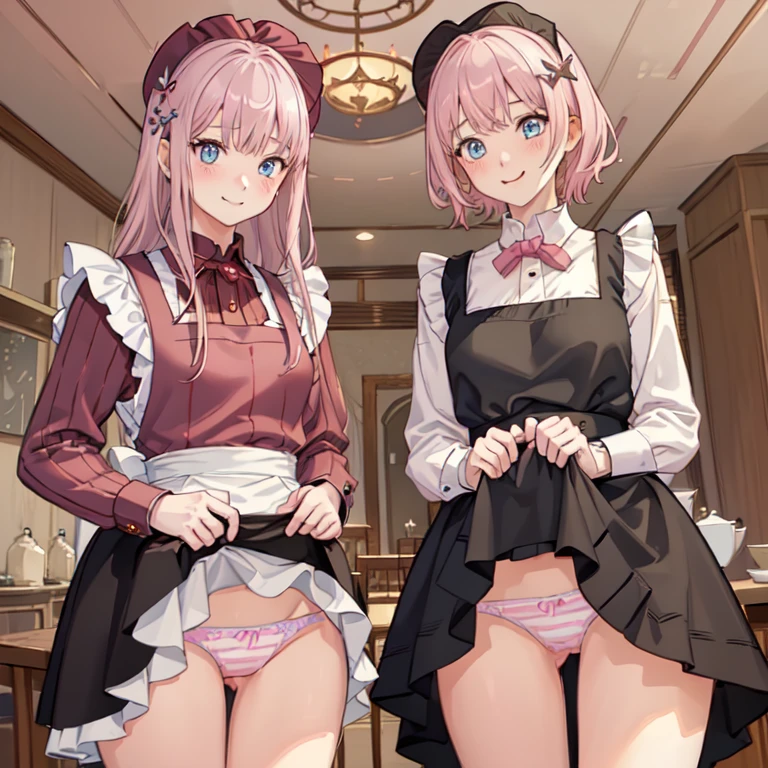 highest quality、masterpiece、((2 girls:1.5))、((smile:1.3))、(blush:1.3)、Black Shirt、blouse、((fun!!))、(Small breasts)、()、Blonde、(Long sleeve)、((White apron:1.5))、((Maid))、((hair ornaments)),、Kamimei、look at me、 ((in house:1.5))、 Taking a break from watching the audience、Cowboy Shot、(Skirt lift:1.3),(Highly detailed pink striped panties:1.3)、(Highly detailed panties:1.3)、、(スカート that rolls up:1.3)、(Panties fully exposed:1.5)、Light blue eyes、long hair、Glowing Eyes