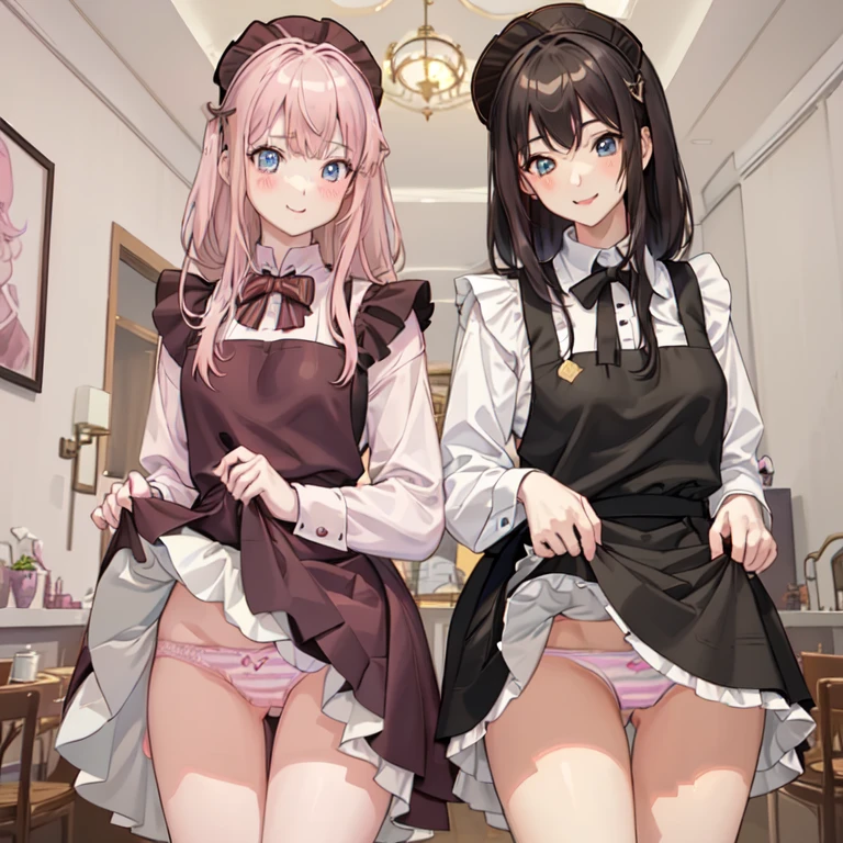highest quality、masterpiece、((2 girls:1.5))、((smile:1.3))、(blush:1.3)、Black Shirt、blouse、((fun!!))、(Small breasts)、()、Blonde、(Long sleeve)、((White apron:1.5))、((Maid))、((hair ornaments)),、Kamimei、look at me、 ((in house:1.5))、 Taking a break from watching the audience、Cowboy Shot、(Skirt lift:1.3),(Highly detailed pink striped panties:1.3)、(Highly detailed panties:1.3)、、(スカート that rolls up:1.3)、(Panties fully exposed:1.5)、Light blue eyes、long hair、Glowing Eyes