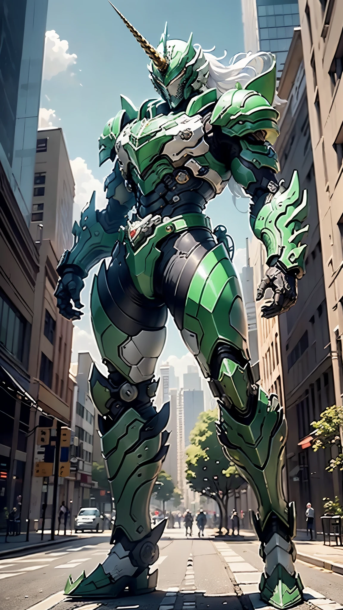 A man wearing a full-face helmet, a fantasy-style biotech armored combat suit, green eyes, (a composite layered chest armor), fully enclosed shoulder guards, matching arm and leg guards, the belt is adorned with Horseshoe-shaped marker, (the color scheme is primarily white with green accents), the design balances heavy with agility, a high-tech bio-mecha armor, (Armor Concept Inspired by Unicorn, stand on the top of a skyscraper in a futuristic sci-fi city), this character embodies a finely crafted fantasy-surreal style armored hero in anime style, exquisite and mature manga art style, (battle damage, element, plasma, energy, the armor glows), ((male:1.5)), metallic, real texture material, dramatic, high definition, best quality, highres, ultra-detailed, ultra-fine painting, extremely delicate, professional, perfect body proportions, golden ratio, anatomically correct, symmetrical face, extremely detailed eyes and face, high quality eyes, creativity, RAW photo, UHD, 32k, Natural light, cinematic lighting, masterpiece-anatomy-perfect, masterpiece:1.5