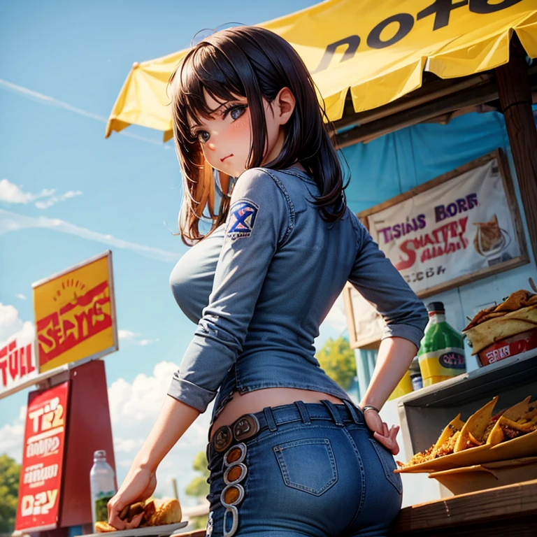 A woman in full-zip shorts eats a tlayuda at a taco stand Jeans have a belt With side slits Big Ass Upper body naked