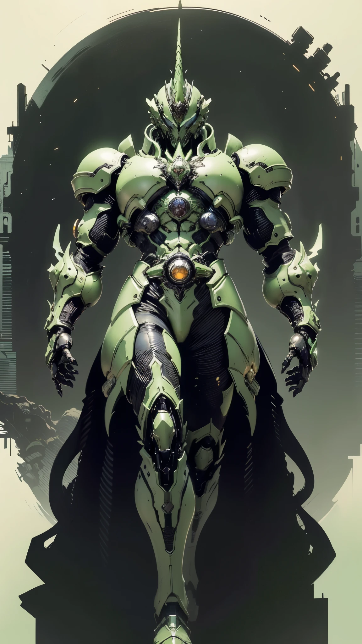 A man wearing a full-face helmet, a fantasy-style biotech armored combat suit, green eyes, (a composite layered chest armor), fully enclosed shoulder guards, matching arm and leg guards, the belt is adorned with Horseshoe-shaped marker, (the color scheme is primarily white with green accents), the design balances heavy with agility, a high-tech bio-mecha armor, (Armor Concept Inspired by Unicorn, stand on the top of a skyscraper in a futuristic sci-fi city), this character embodies a finely crafted fantasy-surreal style armored hero in anime style, exquisite and mature manga art style, (battle damage, element, plasma, energy, the armor glows), ((male:1.5)), metallic, real texture material, dramatic, high definition, best quality, highres, ultra-detailed, ultra-fine painting, extremely delicate, professional, perfect body proportions, golden ratio, anatomically correct, symmetrical face, extremely detailed eyes and face, high quality eyes, creativity, RAW photo, UHD, 32k, Natural light, cinematic lighting, masterpiece-anatomy-perfect, masterpiece:1.5