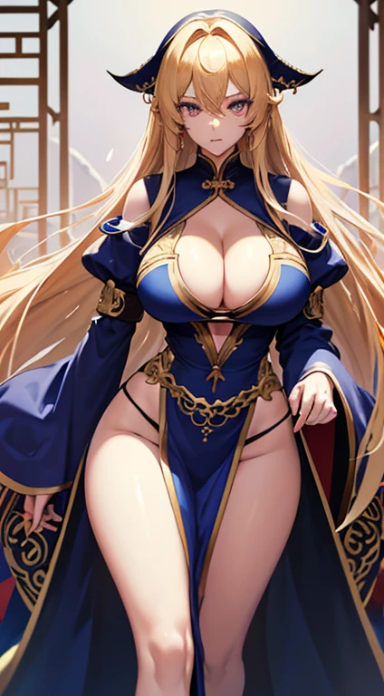 Adult women, long golden hair, Eyes are blue, Black Chinese dress, frown, blue lipstick (((Large Breasts、Low-cut，Cleavage, Wide hips,)))(Long legs), masterpiece, high quality，1 Girl，Rolla