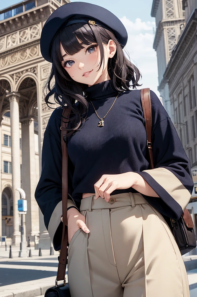 (masterpiece, best quality:1.1),popart style,flat color,({Mia},1girl,japanese,tween,beautiful detailed face,(navy hair),((wavy short hair)),parallel eyebrows,navy eyes with large brown irises,blunt bangs,small nose, fresh lips,small breasts,(5feet tall)), enjoy trip,(Eiffel Tower),France, beautiful detailed scenery,very happy,smile,BREAK Cropped cashmere turtleneck,twill trousers,upcycled wool beret,dynamic angle,photographic portrait, sharp,