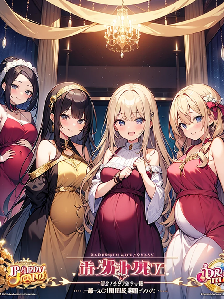 new Harem anime main visual style,pregnant girls wearing dress,happy,3 Pregnant girls,Tapestry of animated characters
