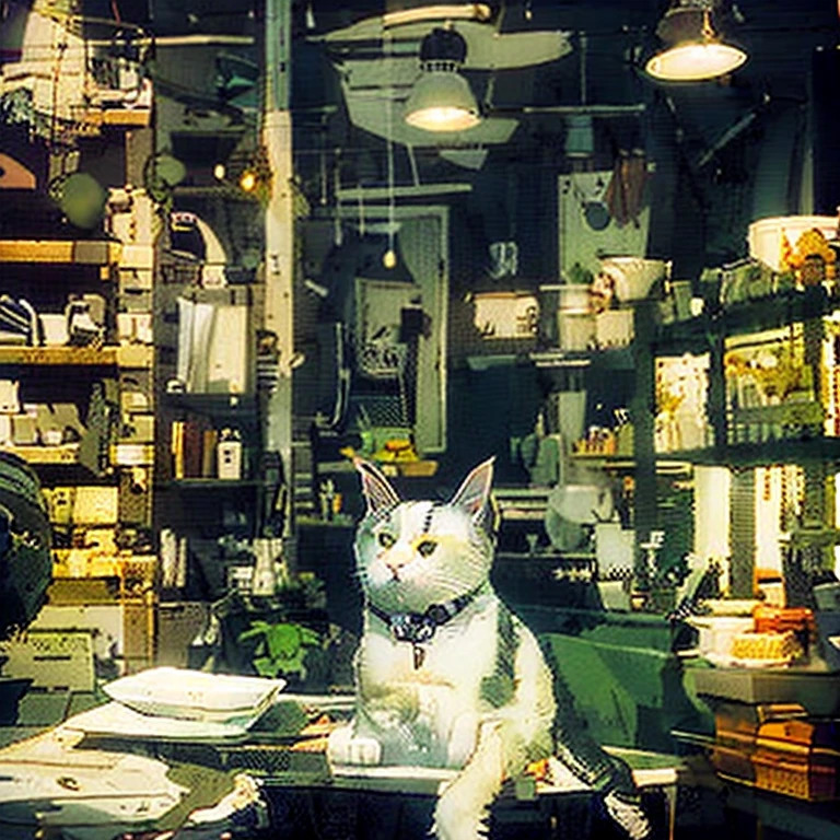 Relaxed characters and a white cat Illustration of the interior of a cafe with a calm atmosphere