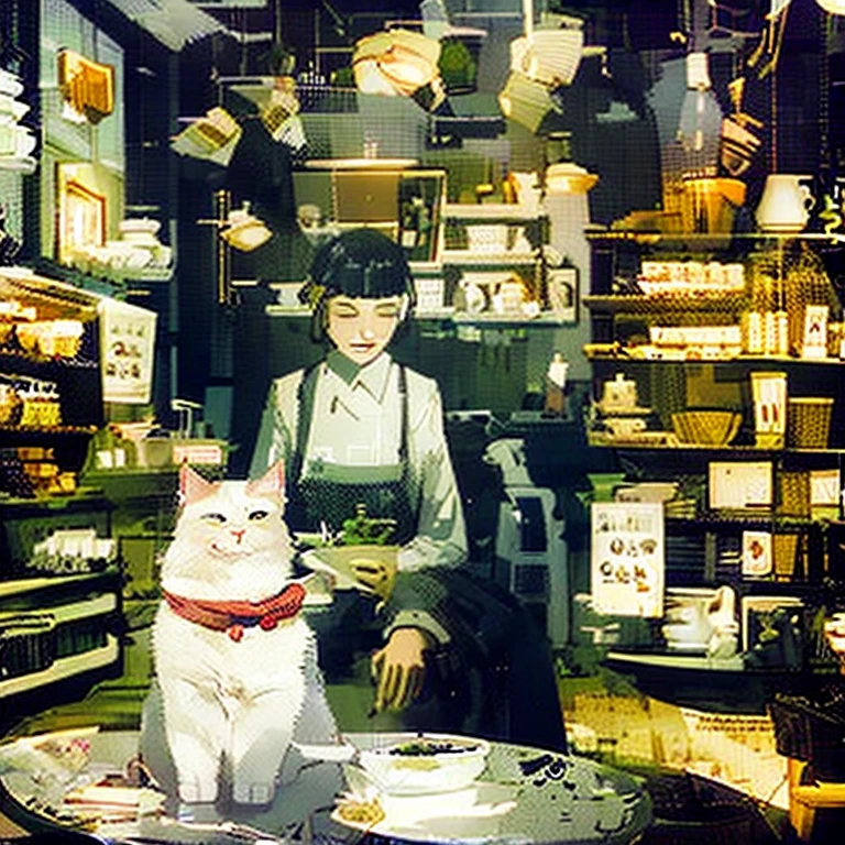 Relaxed characters and a white cat Illustration of the interior of a cafe with a calm atmosphere