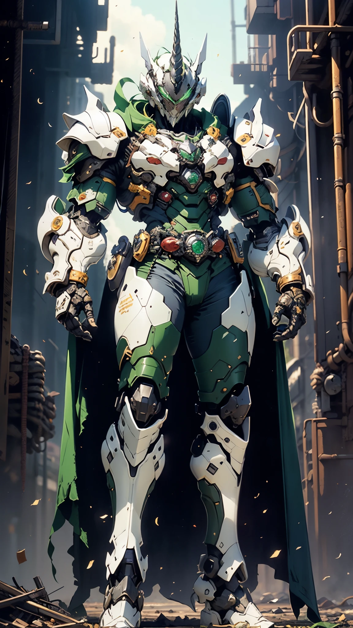 A man wearing a full-face helmet, a fantasy-style biotech armored combat suit, green eyes, (a composite layered chest armor), fully enclosed shoulder guards, matching arm and leg guards, the belt is adorned with Horseshoe-shaped marker, (the color scheme is primarily white with green accents), the design balances heavy with agility, a high-tech bio-mecha armor, (Armor Concept Inspired by Unicorn, stand on the top of a skyscraper in a futuristic sci-fi city), this character embodies a finely crafted fantasy-surreal style armored hero in anime style, exquisite and mature manga art style, (battle damage, element, plasma, energy, the armor glows), ((male:1.5)), metallic, real texture material, dramatic, high definition, best quality, highres, ultra-detailed, ultra-fine painting, extremely delicate, professional, perfect body proportions, golden ratio, anatomically correct, symmetrical face, extremely detailed eyes and face, high quality eyes, creativity, RAW photo, UHD, 32k, Natural light, cinematic lighting, masterpiece-anatomy-perfect, masterpiece:1.5