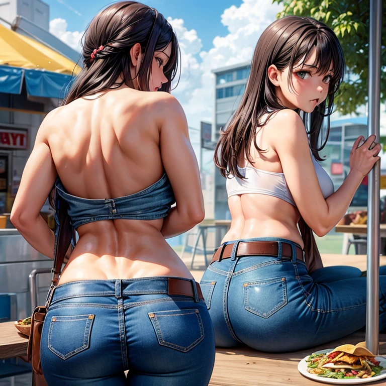 A woman in full-zip shorts eats a tlayuda at a taco stand　Jeans have a belt　　　With side slits　Big Ass　　Upper body naked