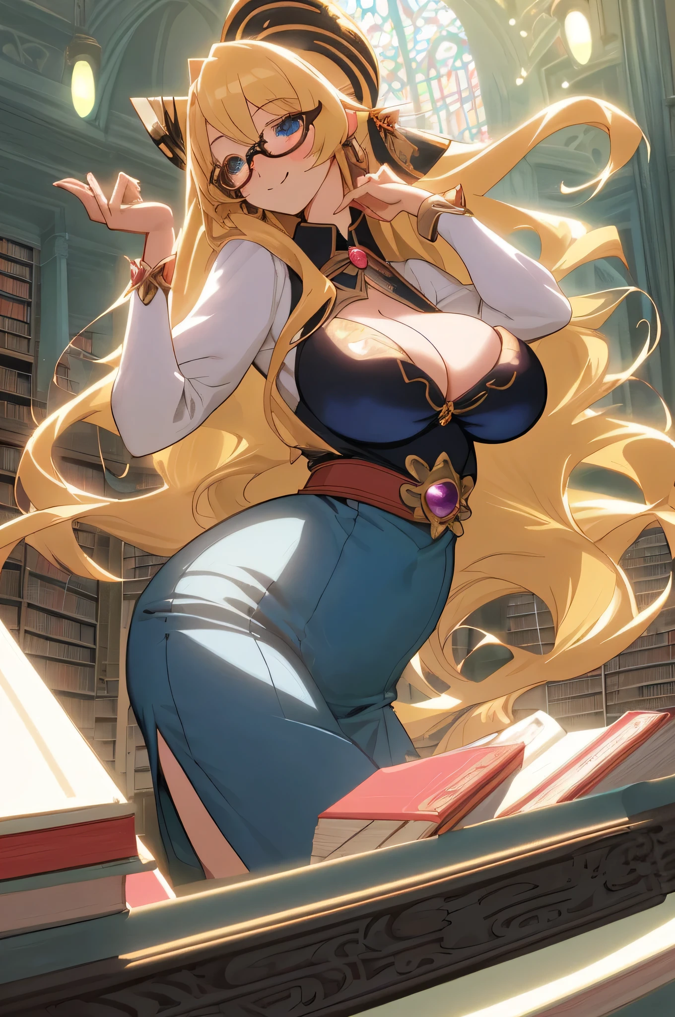 One girl, Anime illustration, detailed, beautiful, Anime Art, Anime Art, library、Librarian attire、Big Breasts、Long Hair, Blonde Hair, Bright Blue Eyes, , smile, A slight blush, Glasses, Shivanar Land, Open Hair, Elegant pose, Ultra HD