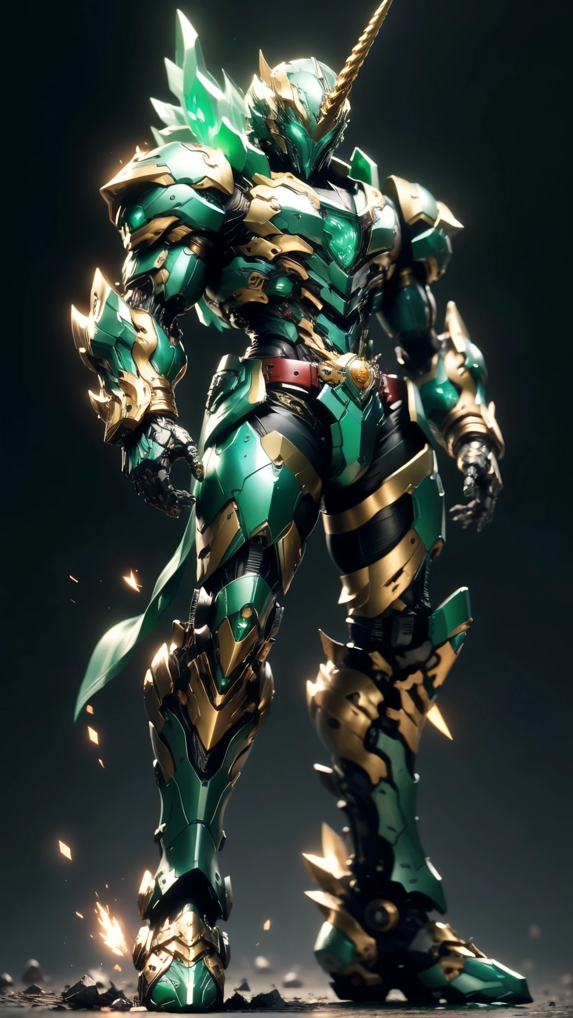 A man wearing a full-face helmet, a fantasy-style biotech armored combat suit, green eyes, (a composite layered chest armor), fully enclosed shoulder guards, matching arm and leg guards, the belt is adorned with Horseshoe-shaped marker, (the color scheme is primarily white with green accents), the design balances heavy with agility, a high-tech bio-mecha armor, (Armor Concept Inspired by Unicorn, stand on the top of a skyscraper in a futuristic sci-fi city), this character embodies a finely crafted fantasy-surreal style armored hero in anime style, exquisite and mature manga art style, (battle damage, element, plasma, energy, the armor glows), ((male:1.5)), metallic, real texture material, dramatic, high definition, best quality, highres, ultra-detailed, ultra-fine painting, extremely delicate, professional, perfect body proportions, golden ratio, anatomically correct, symmetrical face, extremely detailed eyes and face, high quality eyes, creativity, RAW photo, UHD, 32k, Natural light, cinematic lighting, masterpiece-anatomy-perfect, masterpiece:1.5