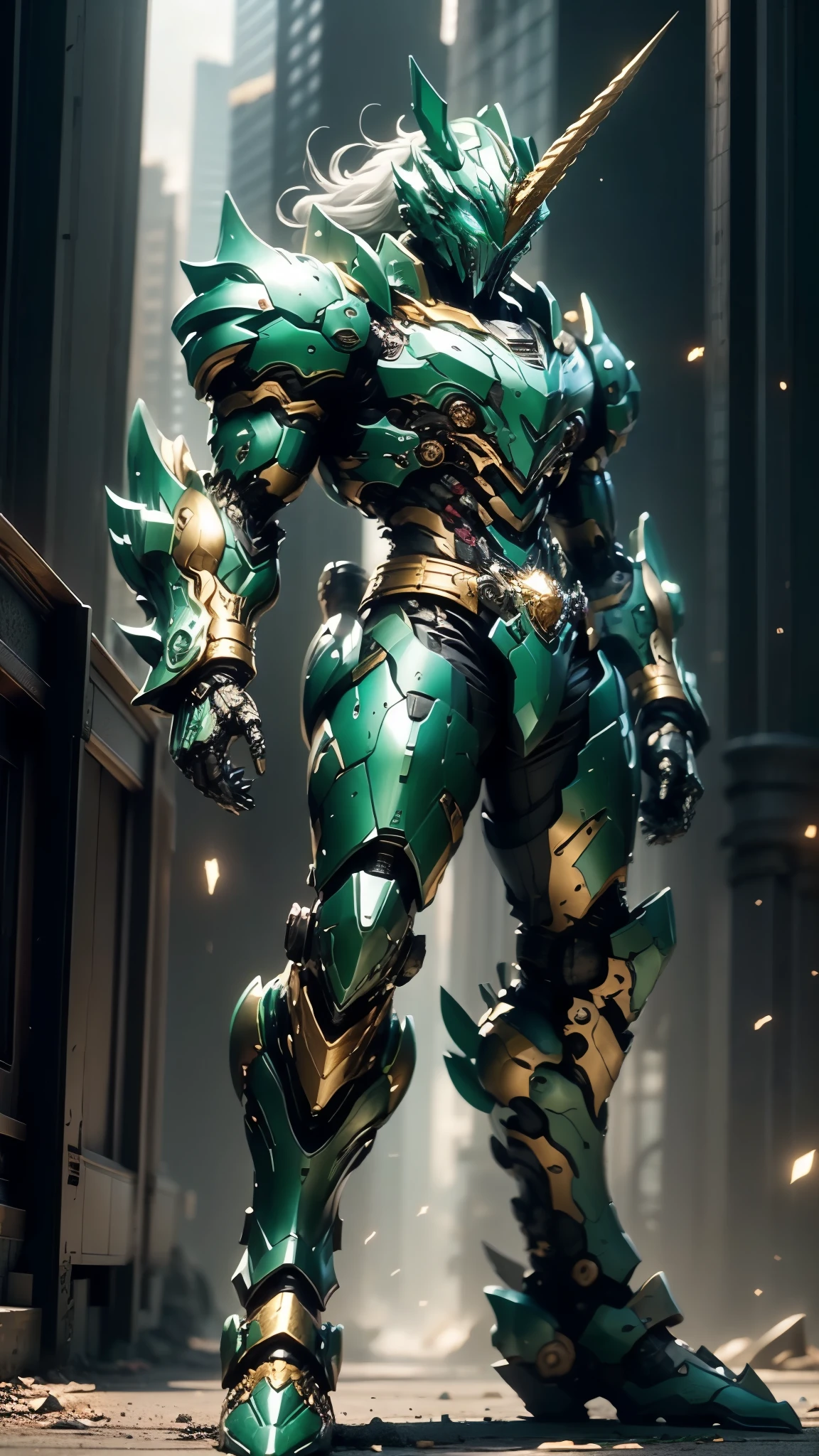 A man wearing a full-face helmet, a fantasy-style biotech armored combat suit, green eyes, (a composite layered chest armor), fully enclosed shoulder guards, matching arm and leg guards, the belt is adorned with Horseshoe-shaped marker, (the color scheme is primarily white with green accents), the design balances heavy with agility, a high-tech bio-mecha armor, (Armor Concept Inspired by Unicorn, stand on the top of a skyscraper in a futuristic sci-fi city), this character embodies a finely crafted fantasy-surreal style armored hero in anime style, exquisite and mature manga art style, (battle damage, element, plasma, energy, the armor glows), ((male:1.5)), metallic, real texture material, dramatic, high definition, best quality, highres, ultra-detailed, ultra-fine painting, extremely delicate, professional, perfect body proportions, golden ratio, anatomically correct, symmetrical face, extremely detailed eyes and face, high quality eyes, creativity, RAW photo, UHD, 32k, Natural light, cinematic lighting, masterpiece-anatomy-perfect, masterpiece:1.5