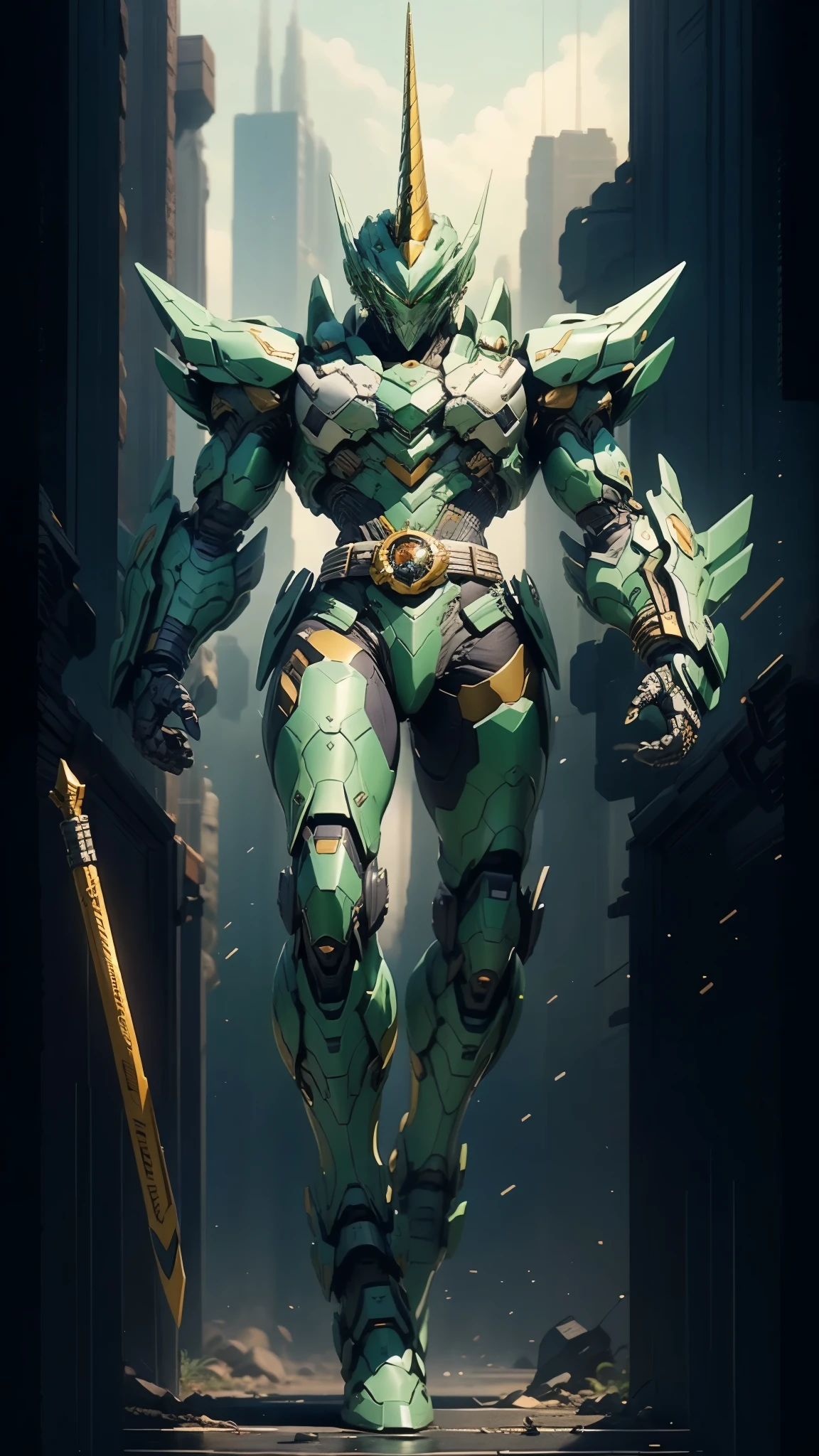 A man wearing a full-face helmet, a fantasy-style biotech armored combat suit, green eyes, (a composite layered chest armor), fully enclosed shoulder guards, matching arm and leg guards, the belt is adorned with Horseshoe-shaped marker, (the color scheme is primarily white with green accents), the design balances heavy with agility, a high-tech bio-mecha armor, (Armor Concept Inspired by Unicorn, stand on the top of a skyscraper in a futuristic sci-fi city), this character embodies a finely crafted fantasy-surreal style armored hero in anime style, exquisite and mature manga art style, (battle damage, element, plasma, energy, the armor glows), ((male:1.5)), metallic, real texture material, dramatic, high definition, best quality, highres, ultra-detailed, ultra-fine painting, extremely delicate, professional, perfect body proportions, golden ratio, anatomically correct, symmetrical face, extremely detailed eyes and face, high quality eyes, creativity, RAW photo, UHD, 32k, Natural light, cinematic lighting, masterpiece-anatomy-perfect, masterpiece:1.5