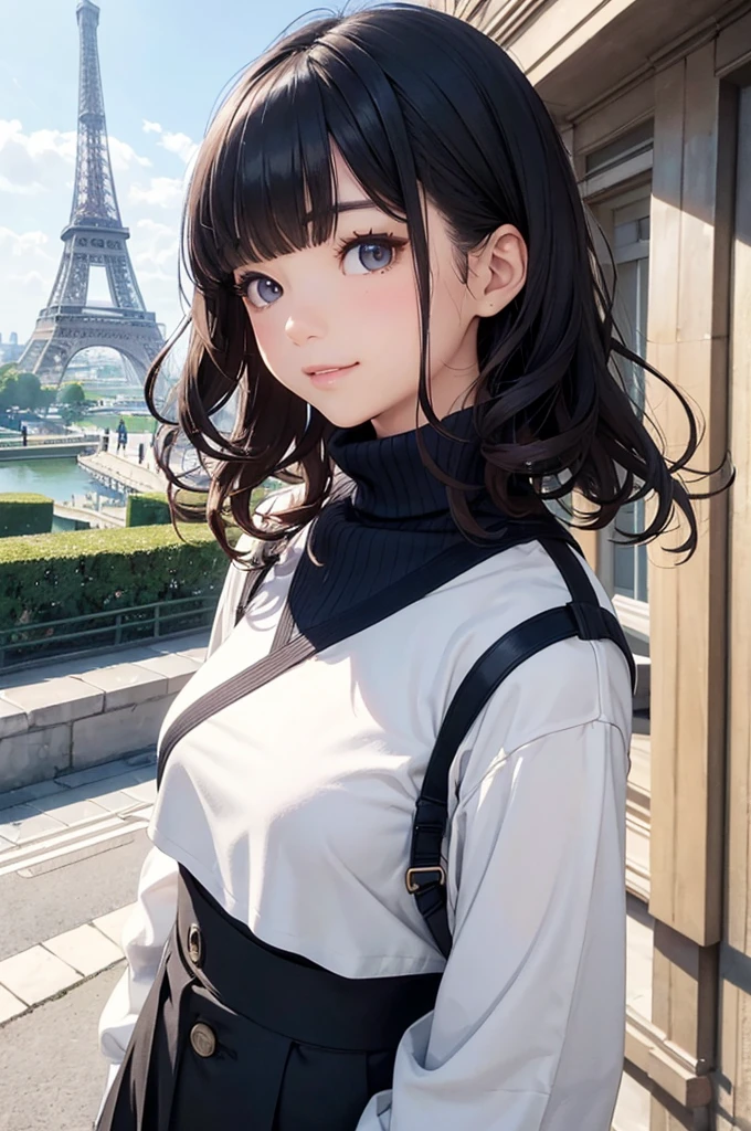 (masterpiece, best quality:1.1),popart style,flat color,({Mia},1girl,japanese,tween,beautiful detailed face,(navy hair),((wavy short hair)),parallel eyebrows,navy eyes with large brown irises,blunt bangs,small nose, fresh lips,small breasts,(5feet tall)), enjoy trip,(Eiffel Tower),France, beautiful detailed scenery,very happy,smile,BREAK Cropped cashmere turtleneck,twill trousers,dynamic angle,photographic portrait, sharp,