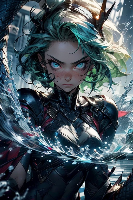 ((best quality)), ((masterpiece)), (detailed), perfect face, sea dragoness, young girl, light green hair, maroon cloak, water dagger, fierce, playfully dancing on top of the water