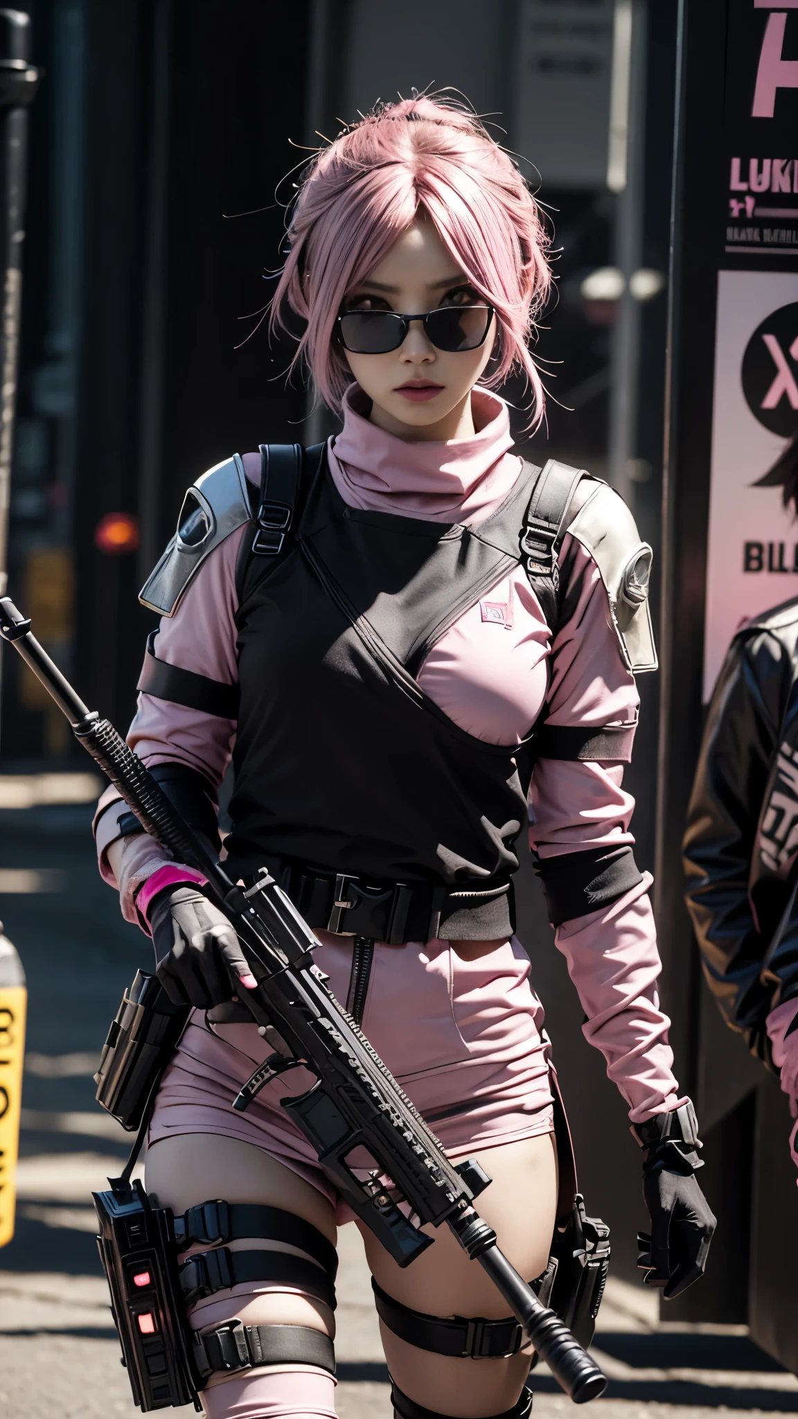 8K, UHD, masterpiece, 1 girl, detailed face, smart face, ((sunglasses)), detailed eyes, sniper rifle in hand, battleroyal, call of duty cosplay, call of duty modern warfare 3, ((ghost tribe)), ((black and pink cosplay:1.5)), belts, gun, methic gun, futuristic art, cyberpunk lihting, ultra extreme graphics, RTX 4090, ray tracing, bloom, depth of field, motion blur,