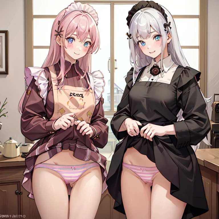 highest quality、masterpiece、((2 girls:1.5))、((smile:1.3))、(blush:1.3)、Black Shirt、blouse、((fun!!))、(Small breasts)、()、Blonde、(Long sleeve)、((White apron:1.5))、((Maid))、((hair ornaments)),、Kamimei、look at me、 ((in house:1.5))、 Taking a break from watching the audience、Cowboy Shot、(Skirt lift:1.3),(Highly detailed pink striped panties:1.3)、(Highly detailed panties:1.3)、、(スカート that rolls up:1.3)、(Panties fully exposed:1.5)、Light blue eyes、long hair、Glowing Eyes