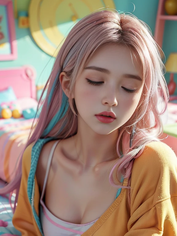 The overall image is realistic and photorealistic rendering. A teenage woman, a cute girl, a cute sleeping face, long eyelashes, and a toned body. Bright clothes, anime style, pastel colors. Sleeping in bed, lying down, eyes closed. Colorful background, bedroom, colorful POP room, bright room with sunlight, soft lighting (top quality, high resolution).
