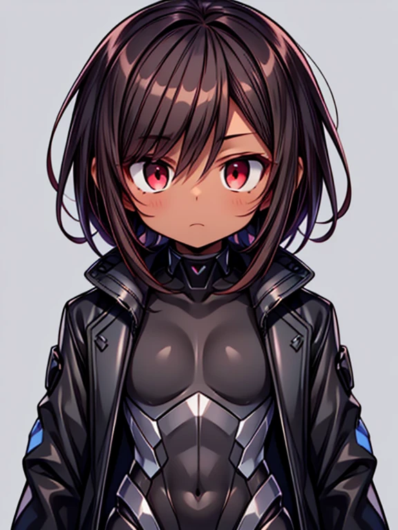 dark skin, male, (((short dark brown hair))), big red eyes and a very cute androgynous face, wearing a black exoskeleton bodysuit and a long black coat taimanin with sliver accent, black armoured taimanin_suit,