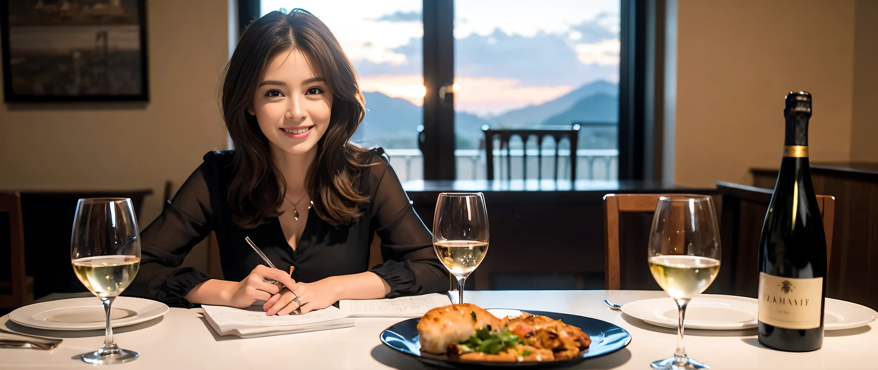 ((highest quality、8k、masterpiece:1.3))、1 male 1 female、Couple、lover、Couple、Slim body、((Bob Hale、Straight hair:1.2)), (Realistic, Intricate details:1.2), Wine glass on the table、Put the light on your face、 Amazing view of the sunset sky and clouds、Amazing mountain views、A bright smile、The wonderfulness of smile、Bright image、The beauty of wine, Beautiful Face, blue eyes, The light shines on your face, Blushing, short hair,Bright Face、 (Age 37), 39 years old, red wine 、Appetizers、Italian food、Wine bottle、Champagne、sparkling wine、Two beauties、Brown Hair、Shortcuts、Long sleeve shirt、dress、Pretty Woman 1, (Slim face), (The body is slim), (Brown Hair), (Shortcuts), cheeks turn a little red,Attractive beauty、restaurant, In a prominent place (From the waist up) Nova Frog Style, actress, model, Upper Body, White wine, slim, wine glass, A wine glass placed in the middle, smile, (smile: 1.15), Beautiful fine grain, Depth f/2,saturation, High Contrast, Strong light and shadow,Moist Body:1.5、3D texture、Delicate eyes、Brown Hair、The hair is very shiny、
