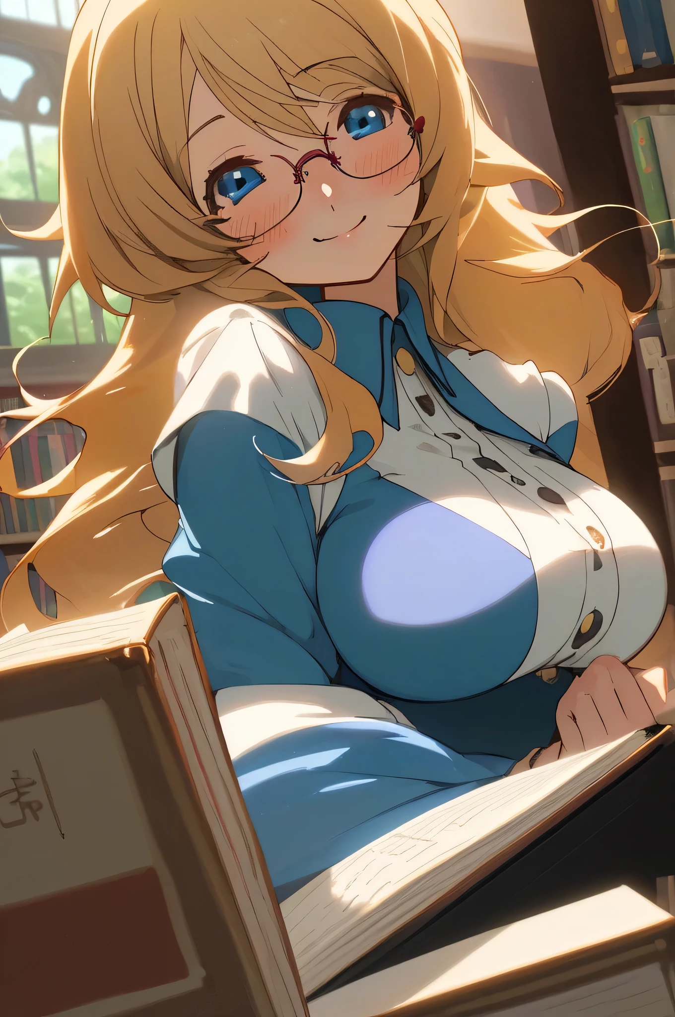 One girl, Anime illustration, detailed, beautiful, Anime Art, Anime Art, library、Librarian attire、Big Breasts、Long Hair, Blonde Hair, Bright Blue Eyes, , smile, A slight blush, Glasses, Open Hair, ,Ultra HD