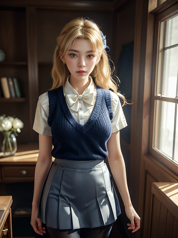 (masterpiece:1.2, highest quality), (Realistic, photoRealistic:1.4), Beautiful illustrations, (Natural Side Lighting, Cinema Lighting), Written boundary depth, 見る者を見つめるBeautiful thighs, (Face Focus, Upper Body), Front view, 1 girl, English, high school girl, 15 years old, Perfect Face, Symmetrical cute face, Shiny skin, Random Uniform、 (Random Hairstyles、blonde), Big eyes, long eyelashes chest), thin, expensive、 Beautiful Hair, Beautiful Face, Beautiful and beautiful eyes, Beautiful clavicle, Beautiful body, Beautiful breasts, Beautiful thighs, Beautiful legs, Beautiful fingers, ((High-quality fabric, brown knit vest, Short sleeve white collar shirt, Navy Pleated Skirt, Navy bow tie)), (Beautiful views), evening, (Inside the flower shop), Are standing, (smile, Superior, Open your mouth), (((Skirt flip, Panties and pantyhose are visible)))