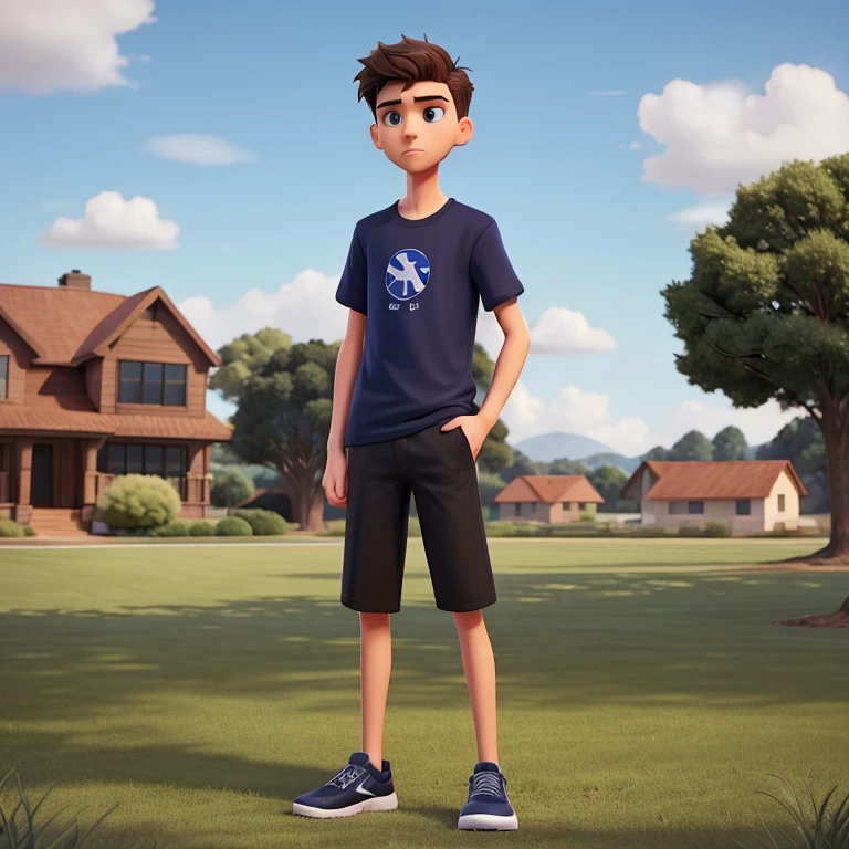 Jake is a tall and slender teenager with short, dark hair and a serious expression. He is wearing a navy blue sports t-shirt with a Nike logo and black trousers with a small red Jordan logo. His look is athletic and casual, standing in an open grassy field with a clear sky and some houses in the background. Jake's posture is relaxed, with his arms resting by his sides.