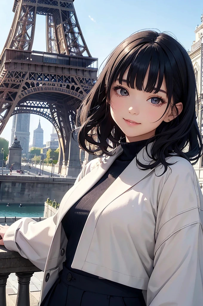(masterpiece, best quality:1.1),popart style,flat color,({Mia},1girl,japanese,tween,beautiful detailed face,(navy hair),((wavy-short hair)),parallel eyebrows,navy eyes with large irises,blunt bangs,small nose, fresh lips,small breasts,(5feet tall)), enjoy trip,(Eiffel Tower),France, beautiful detailed scenery,very happy,smile,BREAK Cropped cashmere turtleneck,twill trousers,dynamic angle,photographic portrait, sharp,