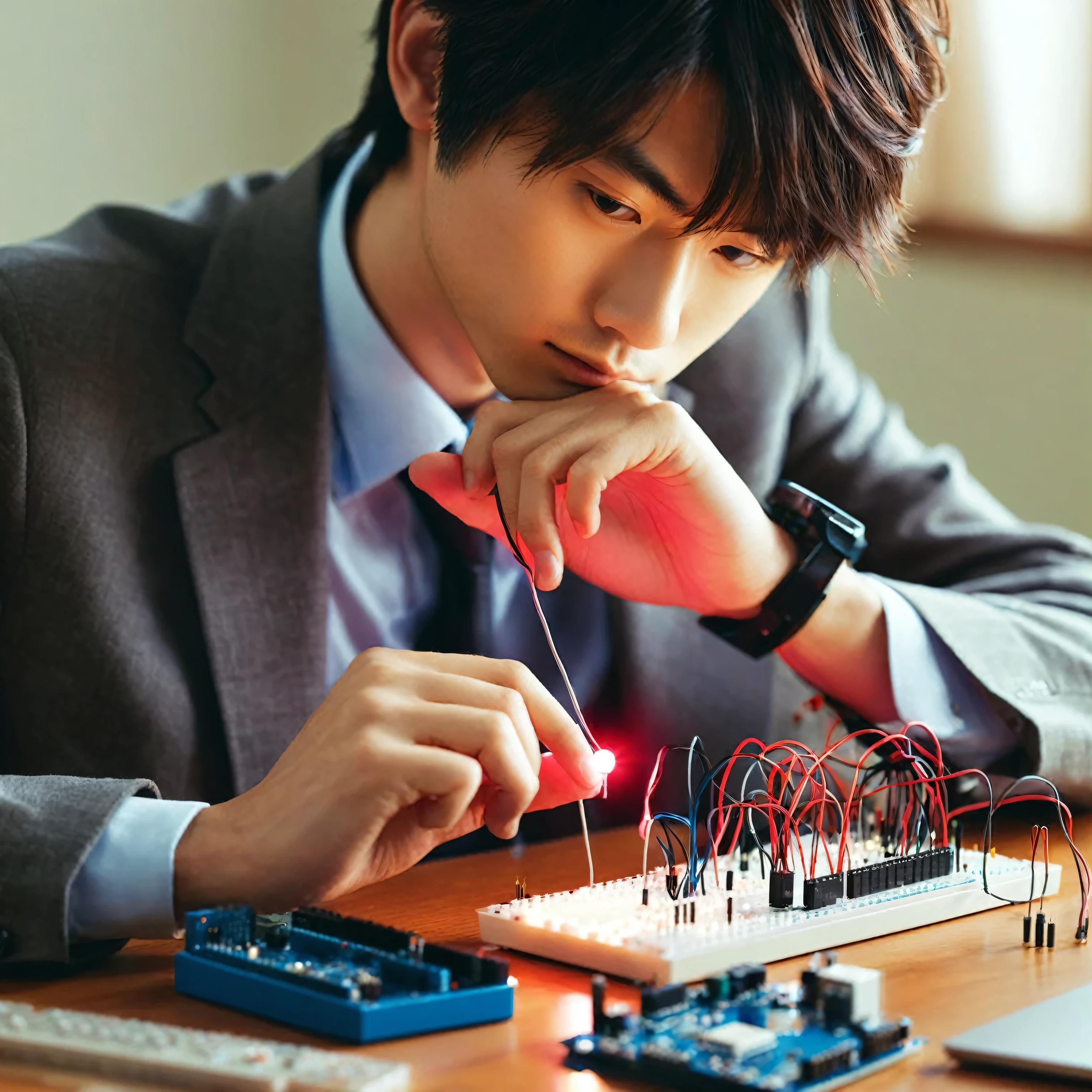 Arabian man wearing a suit working on a circuit board, circuit, electronic circuit, Reveal wires and electronics, circuit, The future coderman looks on, Using a synthesizer, concentrated, covered in circuit, Japan Engineering, Kosuke Ono, Creative computer coder,photograph,8K,3D, portrait,photograph,highest quality,Realistic skin texture,cute,,Young Man,Young face