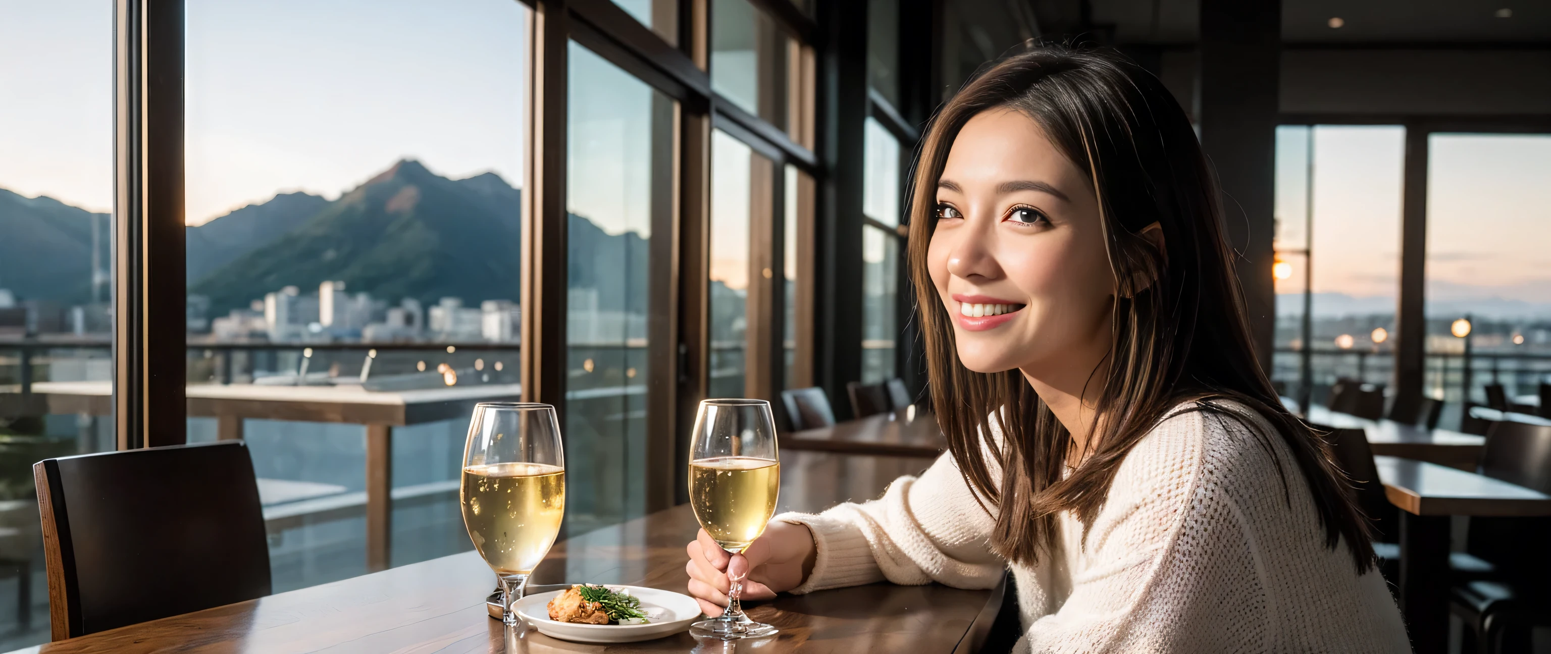 ((highest quality、8k、masterpiece:1.3))、1 male 1 female、Couple、lover、Couple、Slim body、((Bob Hale、Straight hair:1.2))、 (Realistic, Intricate details:1.2), Wine glass on the table、Put the light on your face、 Amazing view of the sunset sky and clouds、Amazing mountain views、A bright smile、The wonderfulness of smile、Bright image、The beauty of wine, Beautiful Face, blue eyes, The light shines on your face, Blushing, short hair,Bright Face、 (36 years old), 39 years old, red wine 、Appetizers、Italian food、Wine bottle、Champagne、sparkling wine、Two beauties、Brown Hair、Shortcuts、Long sleeve shirt、dress、Pretty Woman 1, (Slim face), (The body is slim), (Brown Hair), (Shortcuts), cheeks turn a little red,Attractive beauty、, Out of the window, A beautiful and detailed night view unfolds.........., restaurant, In a prominent place (From the waist up) Nova Frog Style, actress, model, Upper Body, White wine, slim, wine glass, A wine glass placed in the middle, smile, (smile: 1.15), Beautiful fine grain, Depth f/2,saturation, High Contrast, Strong light and shadow,Moist Body:1.5、3D texture、Delicate eyes、Brown Hair、The hair is very shiny、