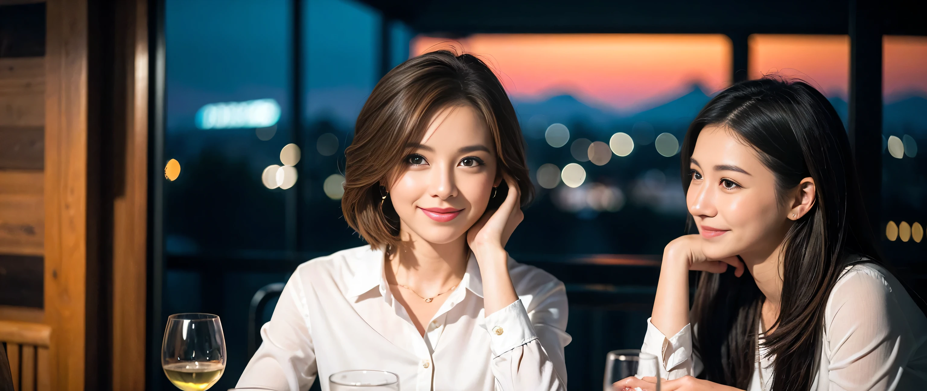 ((highest quality、8k、masterpiece:1.3))、1 male 1 female、Couple、lover、Couple、Slim body、((Bob Hale、Straight hair:1.2))、 (Realistic, Intricate details:1.2), Wine glass on the table、Put the light on your face、 Amazing view of the sunset sky and clouds、Amazing mountain views、A bright smile、The wonderfulness of smile、Bright image、The beauty of wine, Beautiful Face, blue eyes, The light shines on your face, Blushing, short hair,Bright Face、 (36 years old), 39 years old, red wine 、Appetizers、Italian food、Wine bottle、Champagne、sparkling wine、Two beauties、Brown Hair、Shortcuts、Long sleeve shirt、dress、Pretty Woman 1, (Slim face), (The body is slim), (Brown Hair), (Shortcuts), cheeks turn a little red,Attractive beauty、, Out of the window, A beautiful and detailed night view unfolds.........., restaurant, In a prominent place (From the waist up) Nova Frog Style, actress, model, Upper Body, White wine, slim, wine glass, A wine glass placed in the middle, smile, (smile: 1.15), Beautiful fine grain, Depth f/2,saturation, High Contrast, Strong light and shadow,Moist Body:1.5、3D texture、Delicate eyes、Brown Hair、The hair is very shiny、