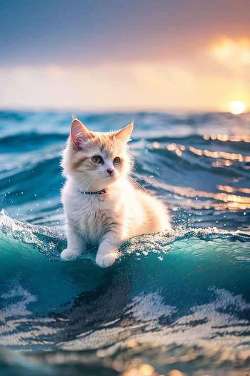 Fluffy cat、The color is a mixture of brown and white、A little smile、Feel the Waves、cat size 30% of the picture
Evening sea background、I can see a little bit of space