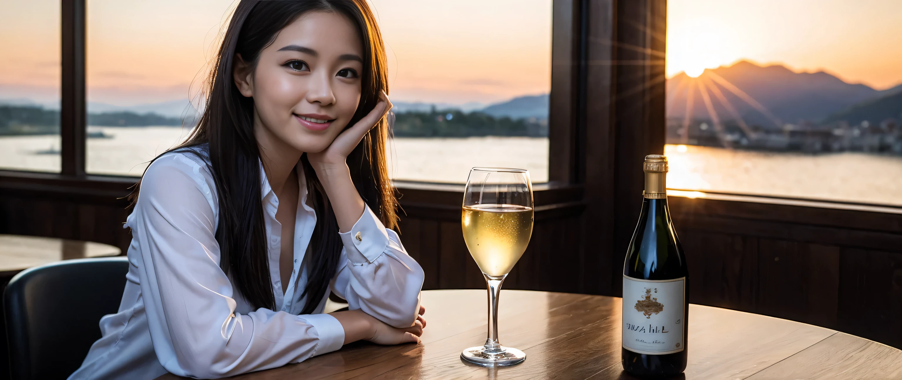 ((highest quality、8k、masterpiece:1.3))、1 male 1 female、Couple、lover、Couple、Slim body、((Bob Hale、Straight hair:1.2))、 (Realistic, Intricate details:1.2), Wine glass on the table、Put the light on your face、 Amazing view of the sunset sky and clouds、Amazing mountain views、A bright smile、The wonderfulness of smile、Bright image、The beauty of wine, Beautiful Face, blue eyes, The light shines on your face, Blushing, short hair,Bright Face、 (36 years old), 39 years old, red wine 、Appetizers、Italian food、Wine bottle、Champagne、sparkling wine、Two beauties、Brown Hair、Shortcuts、Long sleeve shirt、dress、Pretty Woman 1, (Slim face), (The body is slim), (Brown Hair), (Shortcuts), cheeks turn a little red,Attractive beauty、, Out of the window, A beautiful and detailed night view unfolds.........., restaurant, In a prominent place (From the waist up) Nova Frog Style, actress, model, Upper Body, White wine, slim, wine glass, A wine glass placed in the middle, smile, (smile: 1.15), Beautiful fine grain, Depth f/2,saturation, High Contrast, Strong light and shadow,Moist Body:1.5、3D texture、Delicate eyes、Brown Hair、The hair is very shiny、