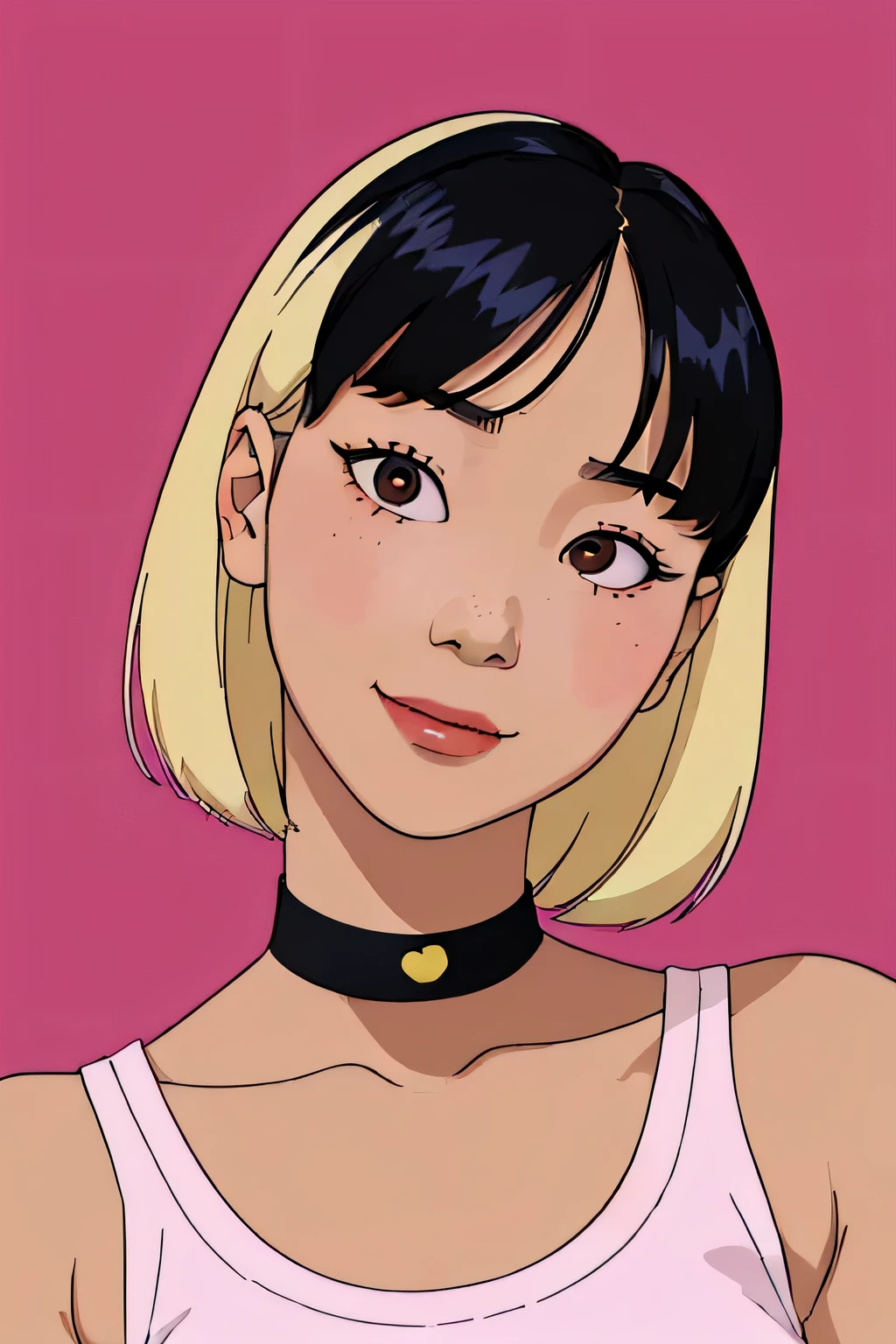  (Beautiful Korean woman who looks like Kim Chae-Won looking at viewer:1.5),(short platinum blonde hair with straight bangs:1.2), 26 years old,brown eyes, surprised candid look, coy smile, no forehead, light freckles on nose bridg, bare shoulders , black choker, small waist, tank top, wearing pink thing, slender legs 