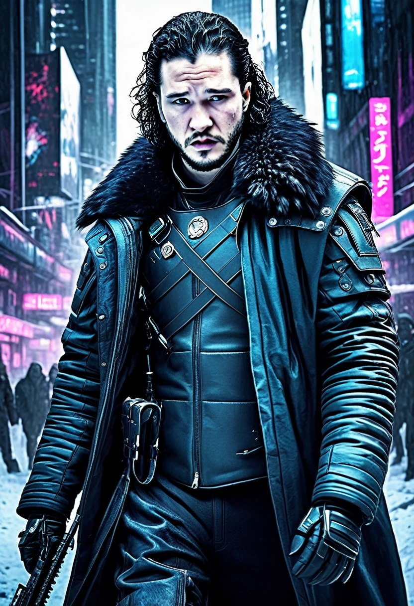 Realistic depiction of Jon Snow in cyberpunk