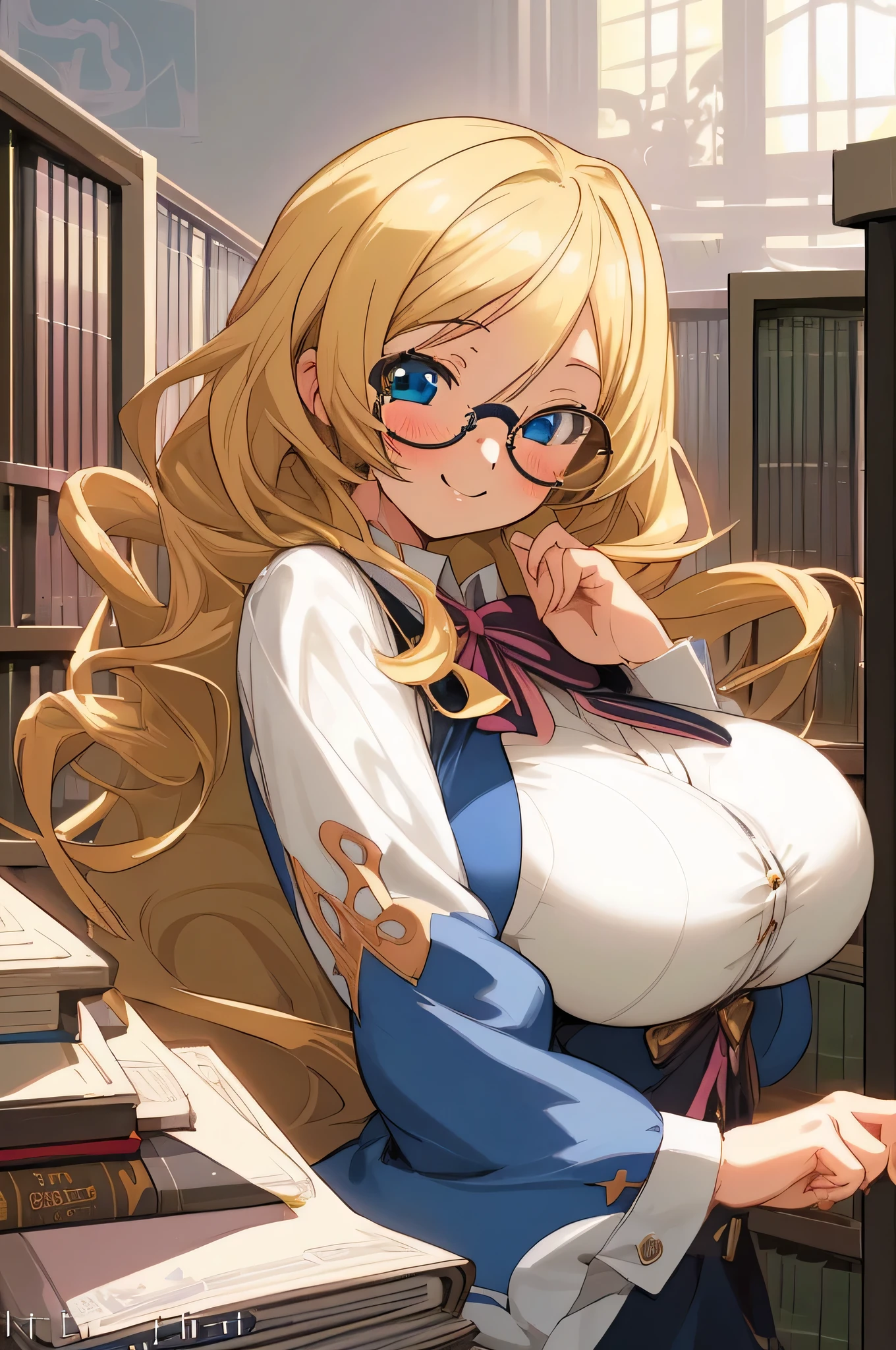 One girl, Anime illustration, detailed, beautiful, Anime Art, Anime Art, library、Librarian attire、Big Breasts、Long Hair, Blonde Hair, Bright Blue Eyes, , smile, A slight blush, Glasses, Open Hair, ,Ultra HD