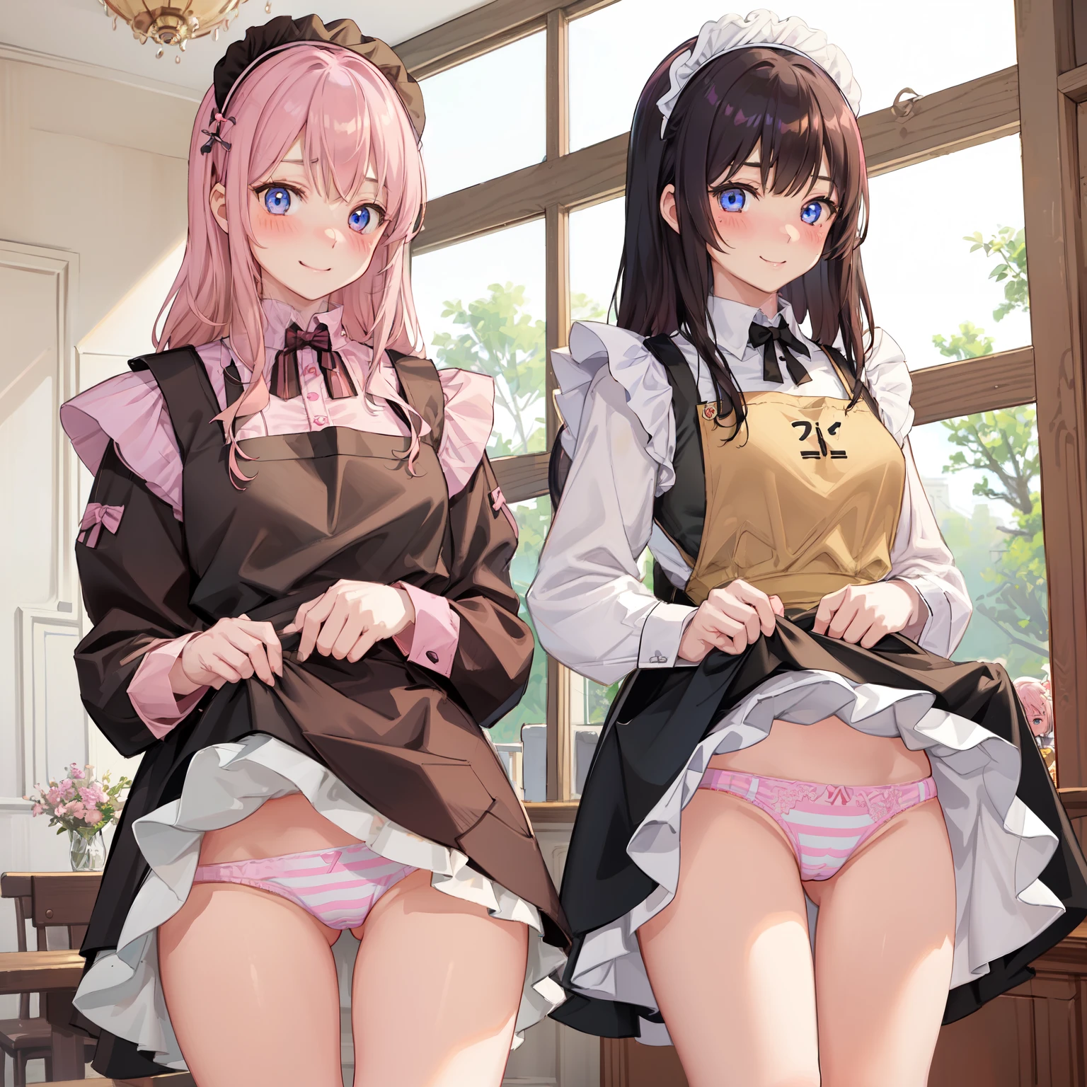highest quality、masterpiece、((2 girls:1.5))、((smile:1.3))、(blush:1.3)、Black Shirt、blouse、((fun!!))、(Small breasts)、()、Blonde、(Long sleeve)、((White apron:1.5))、((Maid))、((hair ornaments)),、Kamimei、look at me、 ((in house:1.5))、 Taking a break from watching the audience、Cowboy Shot、(Skirt lift:1.3),(Highly detailed pink striped panties:1.3)、(Highly detailed panties:1.3)、、(スカート that rolls up:1.3)、(Panties fully exposed:1.5)、Light blue eyes、long hair、Glowing Eyes
