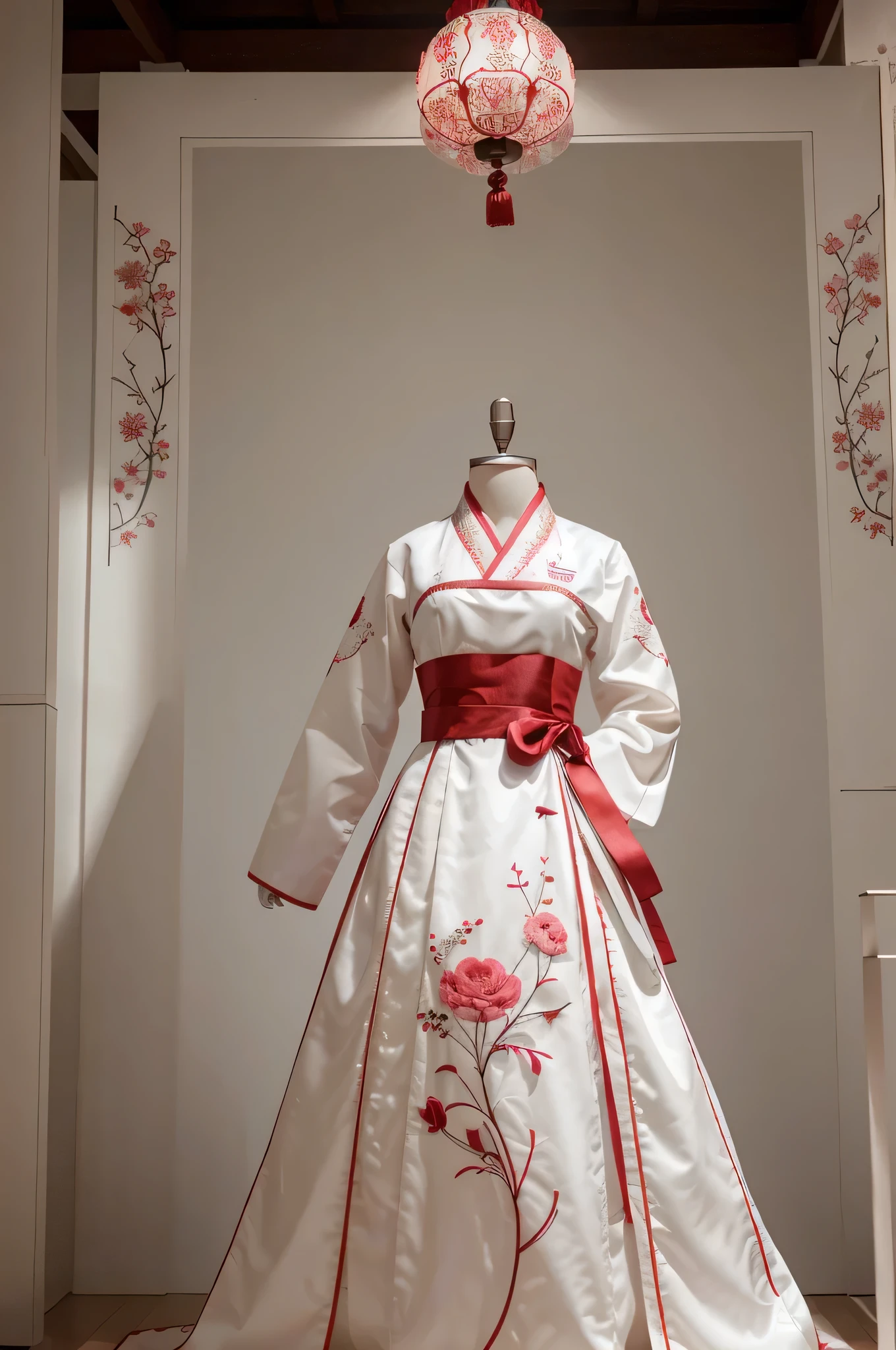 Hanbok costume display, costume design, Cao County Hanbok, Chinese costume, white and red, Hanbok with peony and woodgrain motifs, costume display, hanging on tailor-made plastic mannequins, delicate and intricate detailing, embroidery, modern, stylish, luxury drapery, solid color background, high key lighting, detailing, photography, UHD