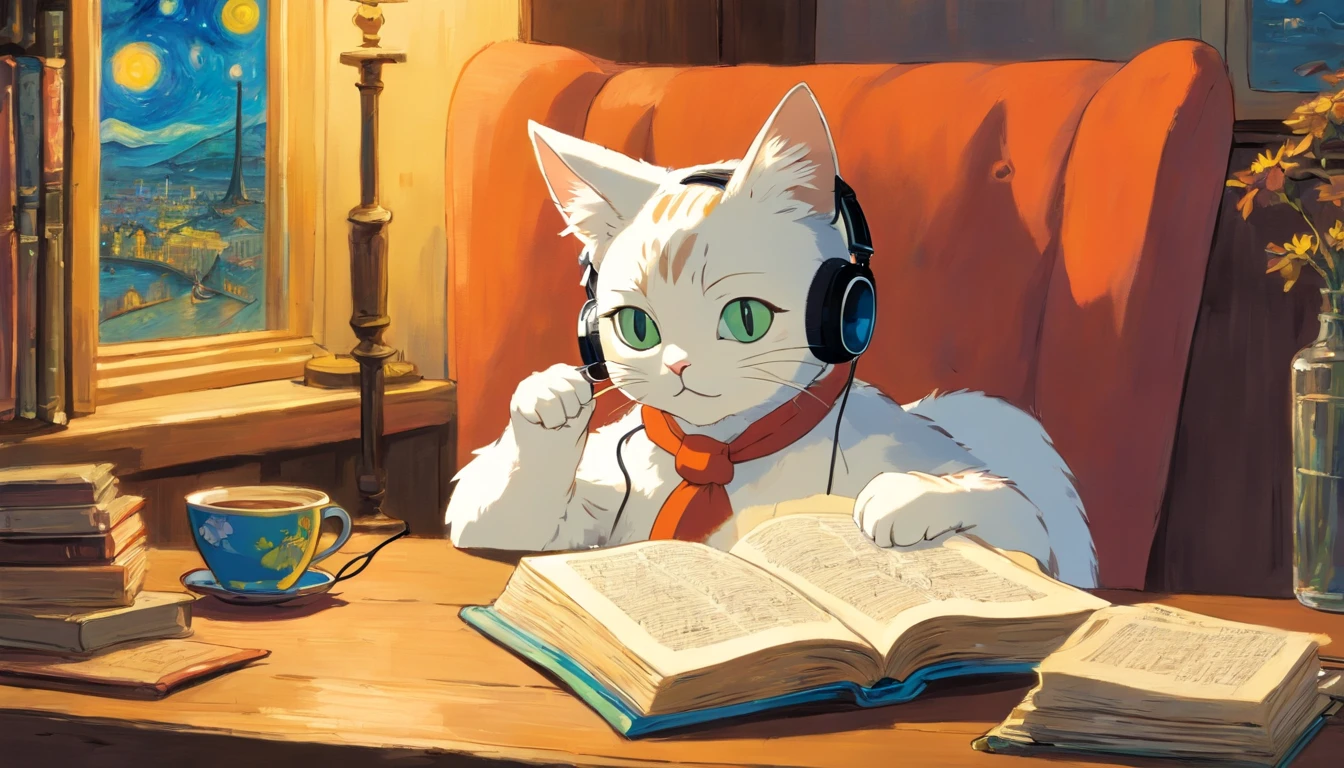 A cat reading a book with headphones on, Van Gogh Style, oil