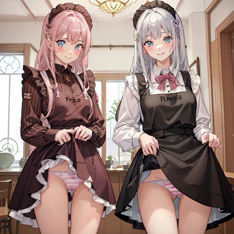 highest quality、masterpiece、((2 girls:1.5))、((smile:1.3))、(blush:1.3)、Black Shirt、blouse、((fun!!))、(Small breasts)、()、Blonde、(Long sleeve)、((White apron:1.5))、((Maid))、((hair ornaments)),、Kamimei、look at me、 ((in house:1.5))、 Taking a break from watching the audience、Cowboy Shot、(Skirt lift:1.3),(Highly detailed pink striped panties:1.3)、(Highly detailed panties:1.3)、、(スカート that rolls up:1.3)、(Panties fully exposed:1.5)、Light blue eyes、long hair、Glowing Eyes
