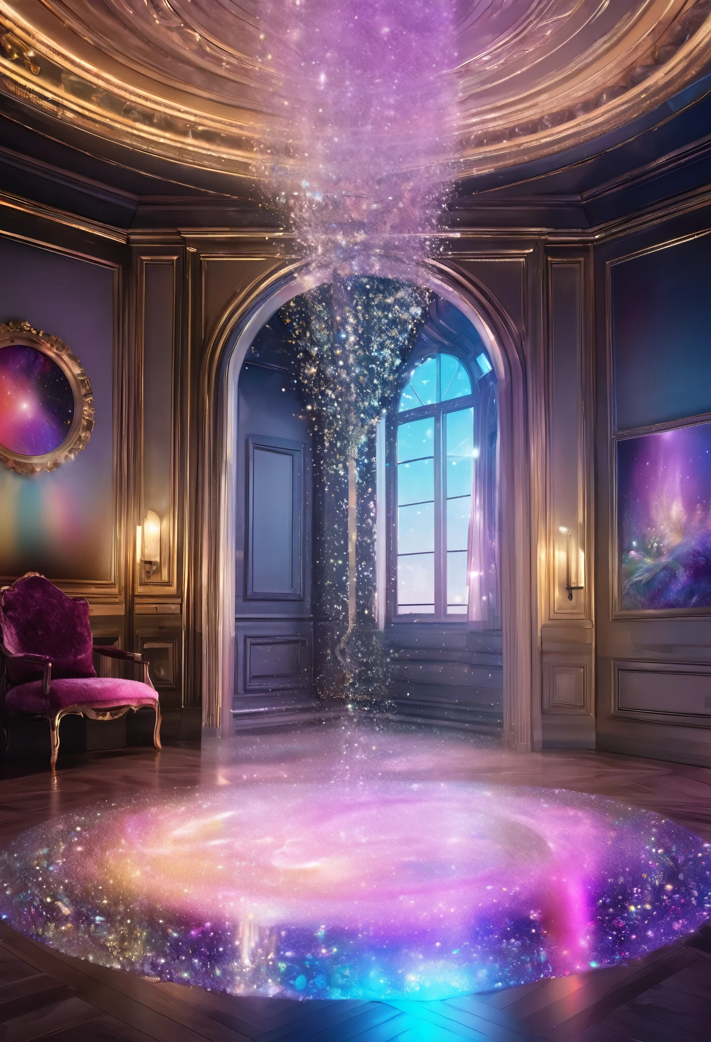 best quality, super fine, 16k, delicate and dynamic, 4D artwork, transparent and translucent empty plastic bottle falling from the ceiling, glittery velvet room, iridescent magic circle on the floor, various image effects