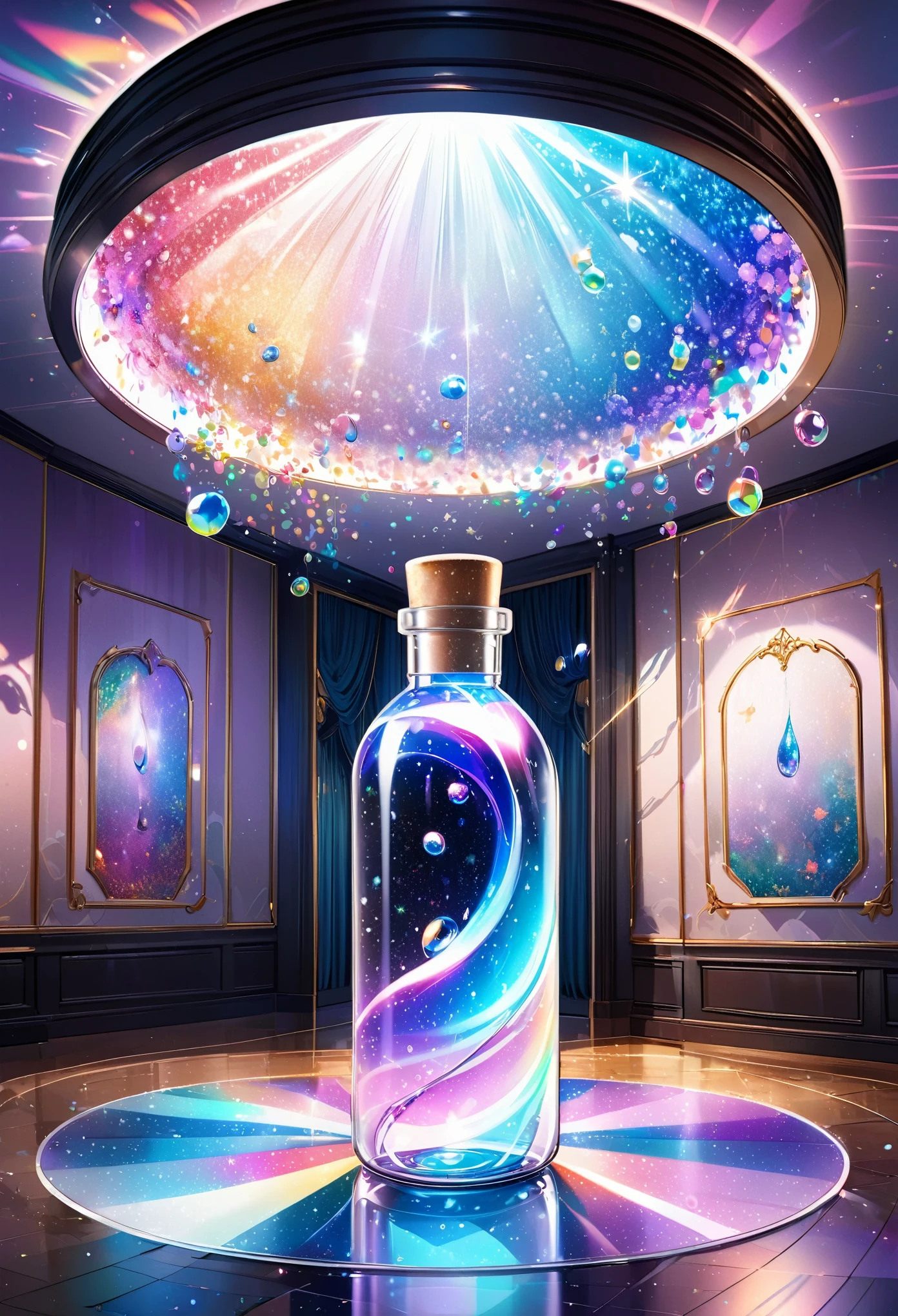 best quality, super fine, 16k, delicate and dynamic, 4D artwork, transparent and translucent empty plastic bottle falling from the ceiling, glittery velvet room, iridescent magic circle on the floor, various image effects