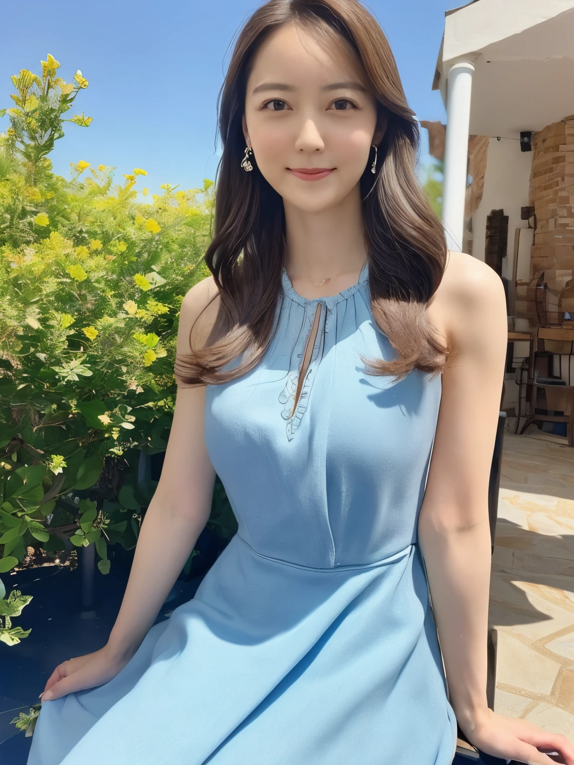 (masterpiece, highest quality:1.2), One girl, alone、sitting in the garden, Wearing a long dress under the blue sky、Idol