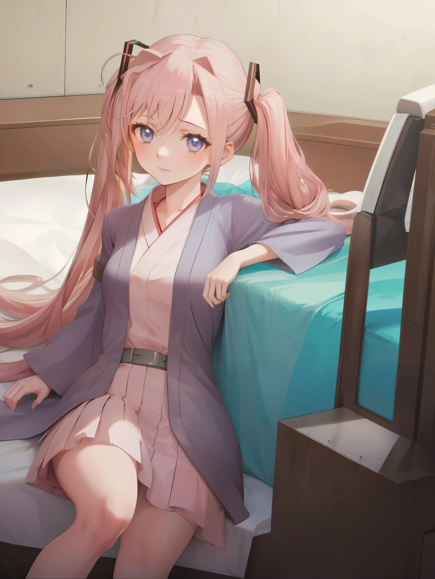 1woman,1girl ,charlotte_hazelrink, pink hair, long hair, very long hair, blue eyes,purple eyes, and a pink dress laying on a bed, a pastel by Shingei, pixiv, shin hanga, flowing hair and long robes, seductive anime girl, in robes, miku, anime girl with teal hair, mikudayo, hatsune miku, dressed in a robe, top rated on pixiv, wears a long robe