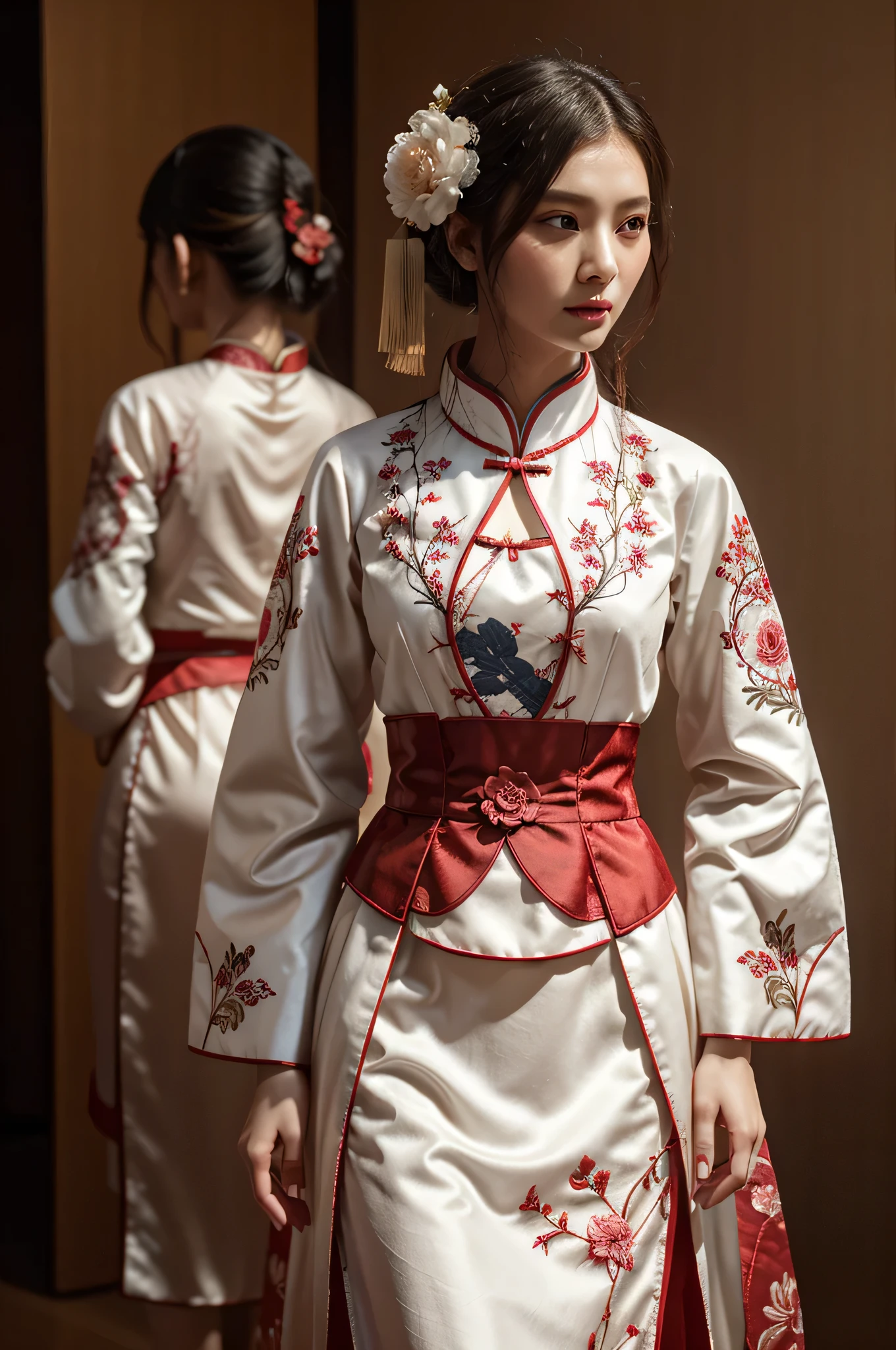Hanfu worn on mannequins, costume design, Chinese clothing, white and red, peony and woodgrain patterns, costume display, hanging on tailored mannequins, delicate and intricate detailing, embroidery, modern, fashion, luxury drapery, studio backdrop, high key lighting, detailing, photography, UHD