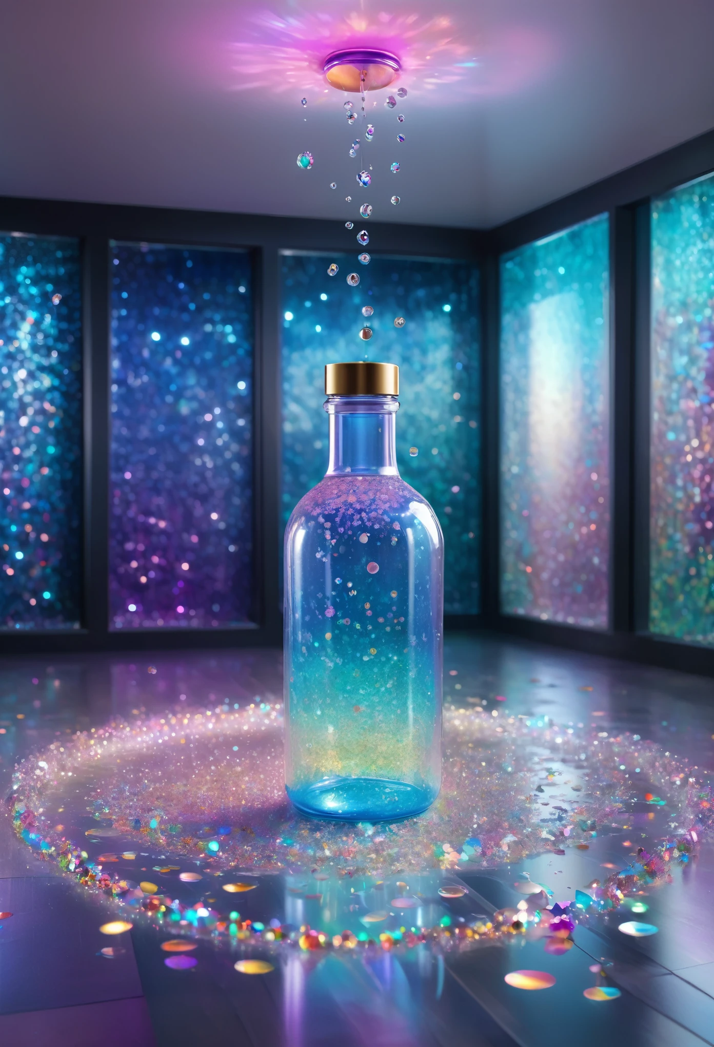 best quality, super fine, 16k, delicate and dynamic, 4D artwork, transparent and translucent empty plastic bottle falling from the ceiling, glittery velvet room, iridescent magic circle on the floor, various image effects